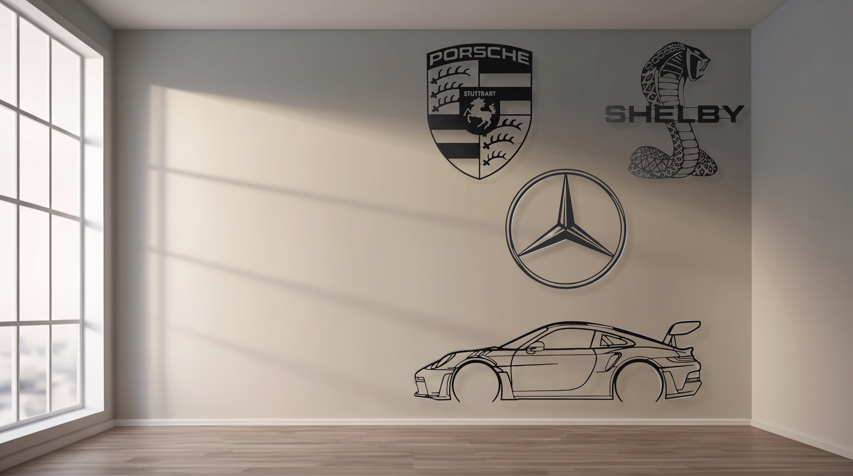 Porsche, Shelby and Mercedes metal wall art in a room