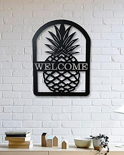 Welcome Written Pineapple Pattern Wall Decorative Metal Wall Art Black