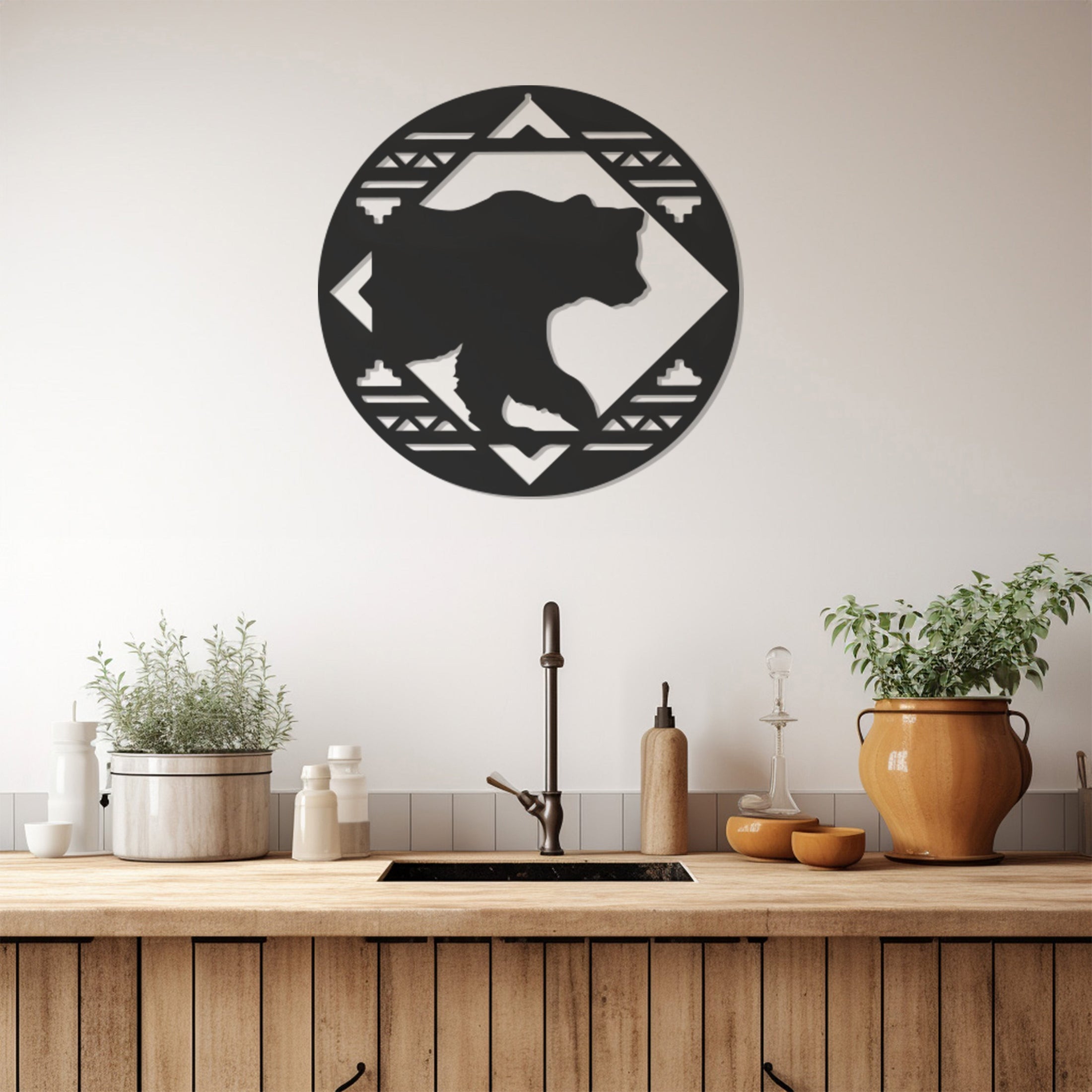 Silhouette Of Bear In Circle Metal Wall Art Decor