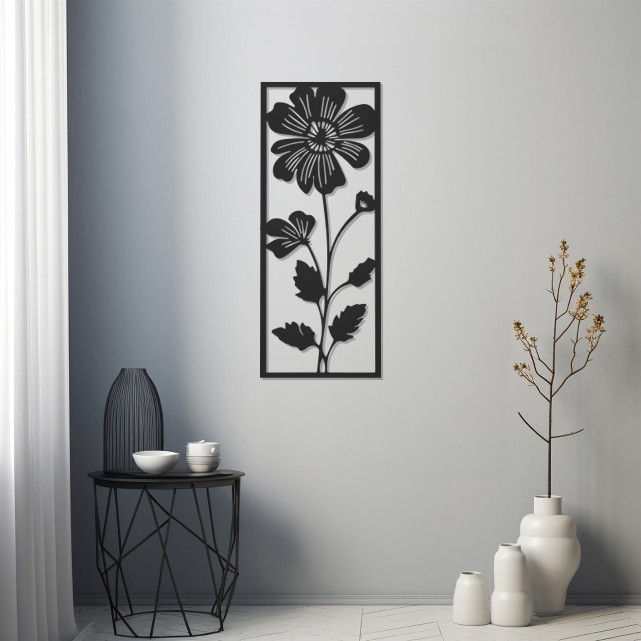 Silhouette Of Flower In Frame Metal Wall Art Decor