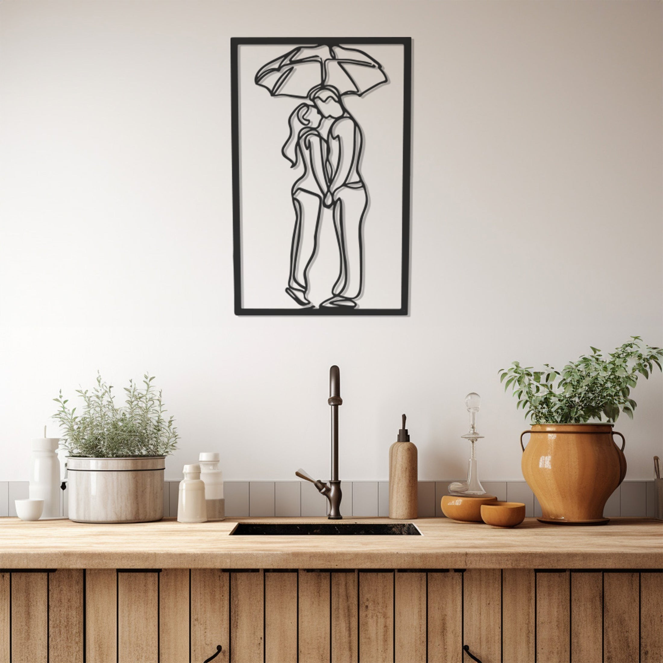 Silhouette Of Lover Holding Umbrella In The Rain Metal Wall Art Decor