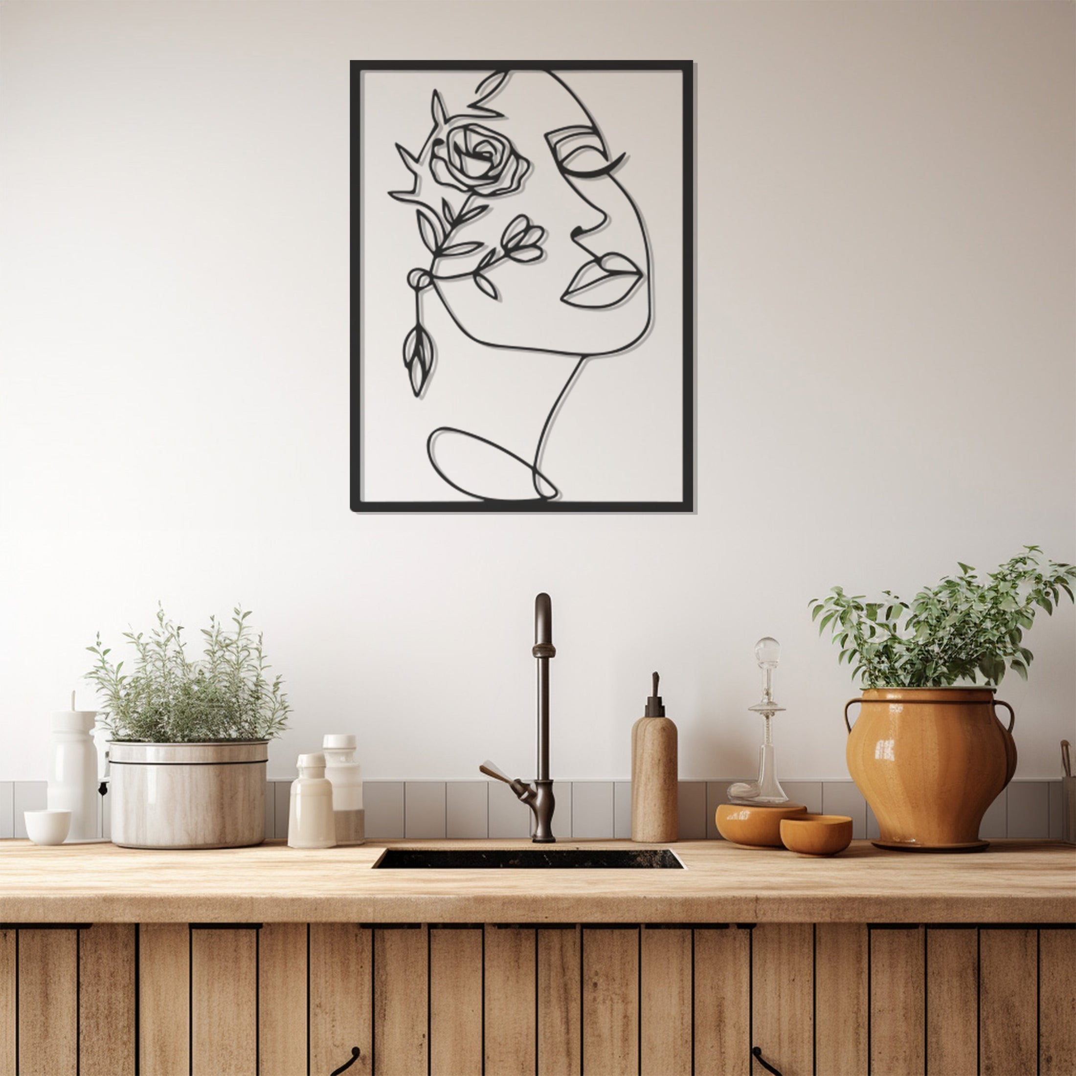 Silhouette Of Woman Face With Rose Line Art Metal Wall Art