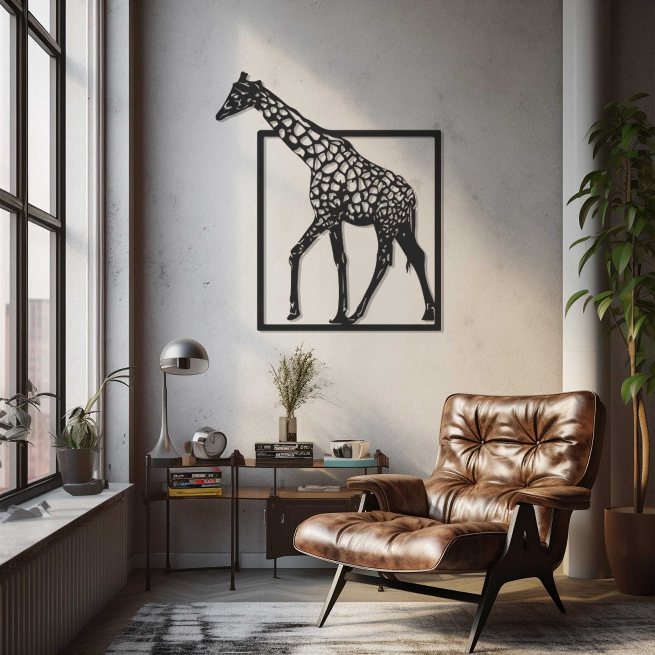 Giraffe Figure Coming Out Of The Frame Metal Wall Art