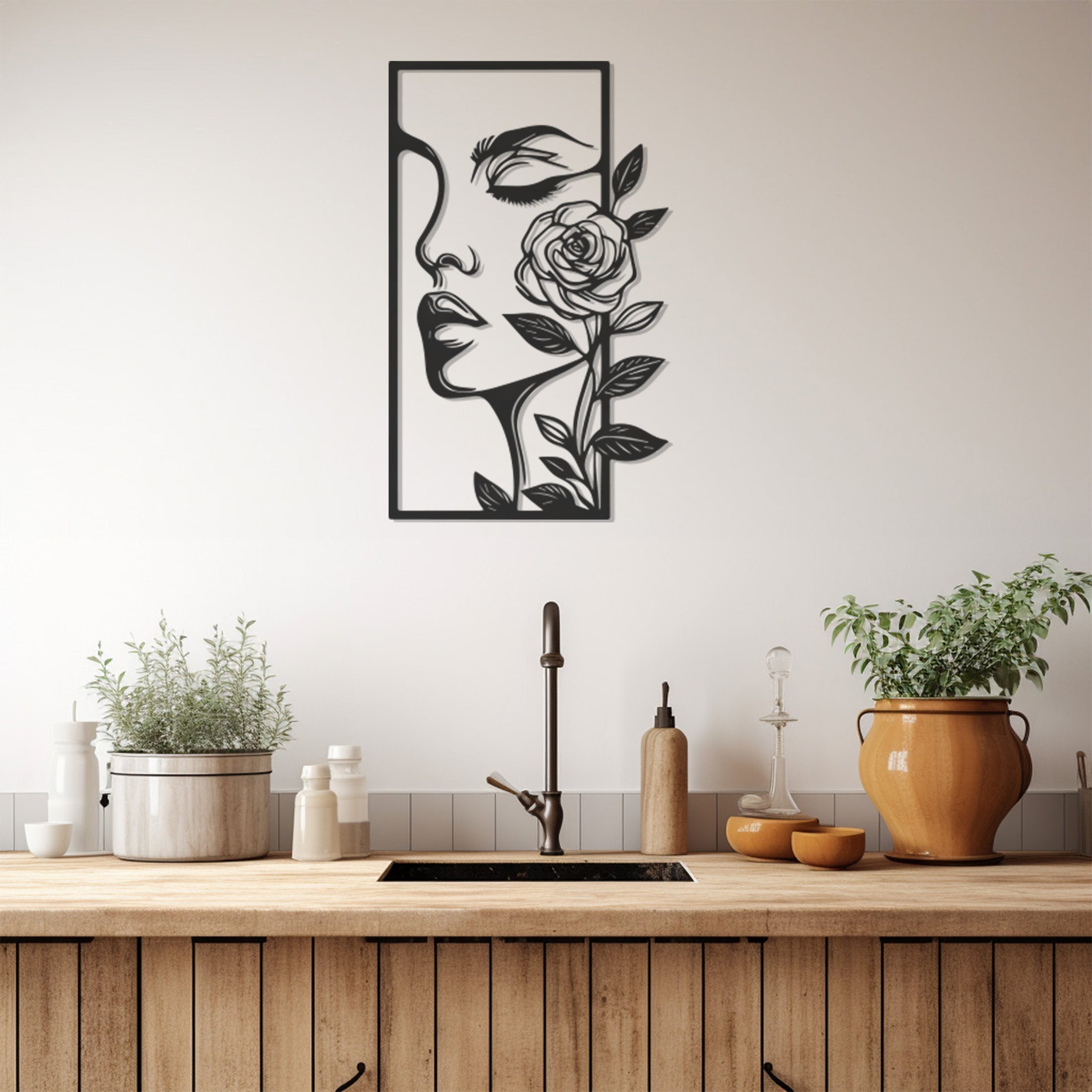 Woman Face And Rose Metal Wall Art, Wall Decor, Metal Wall art