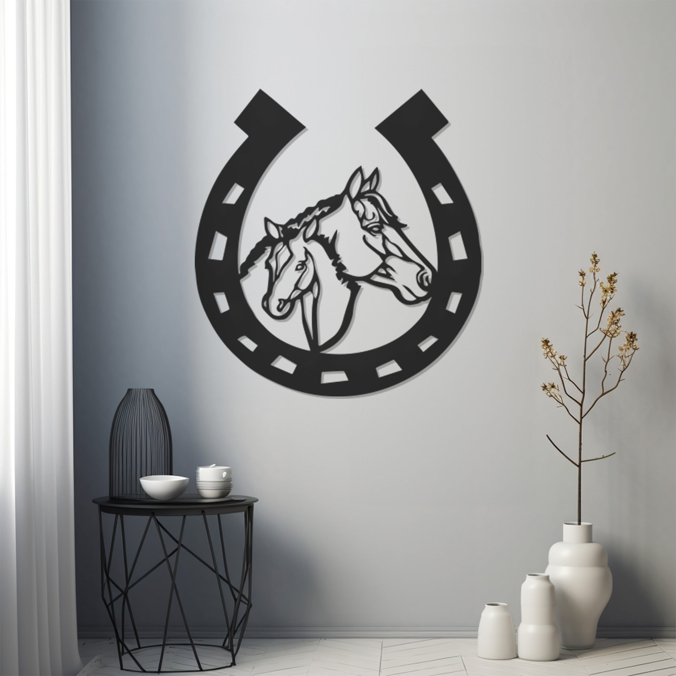 Silhouette Of Two Horses In Horseshoe Metal Wall Decor