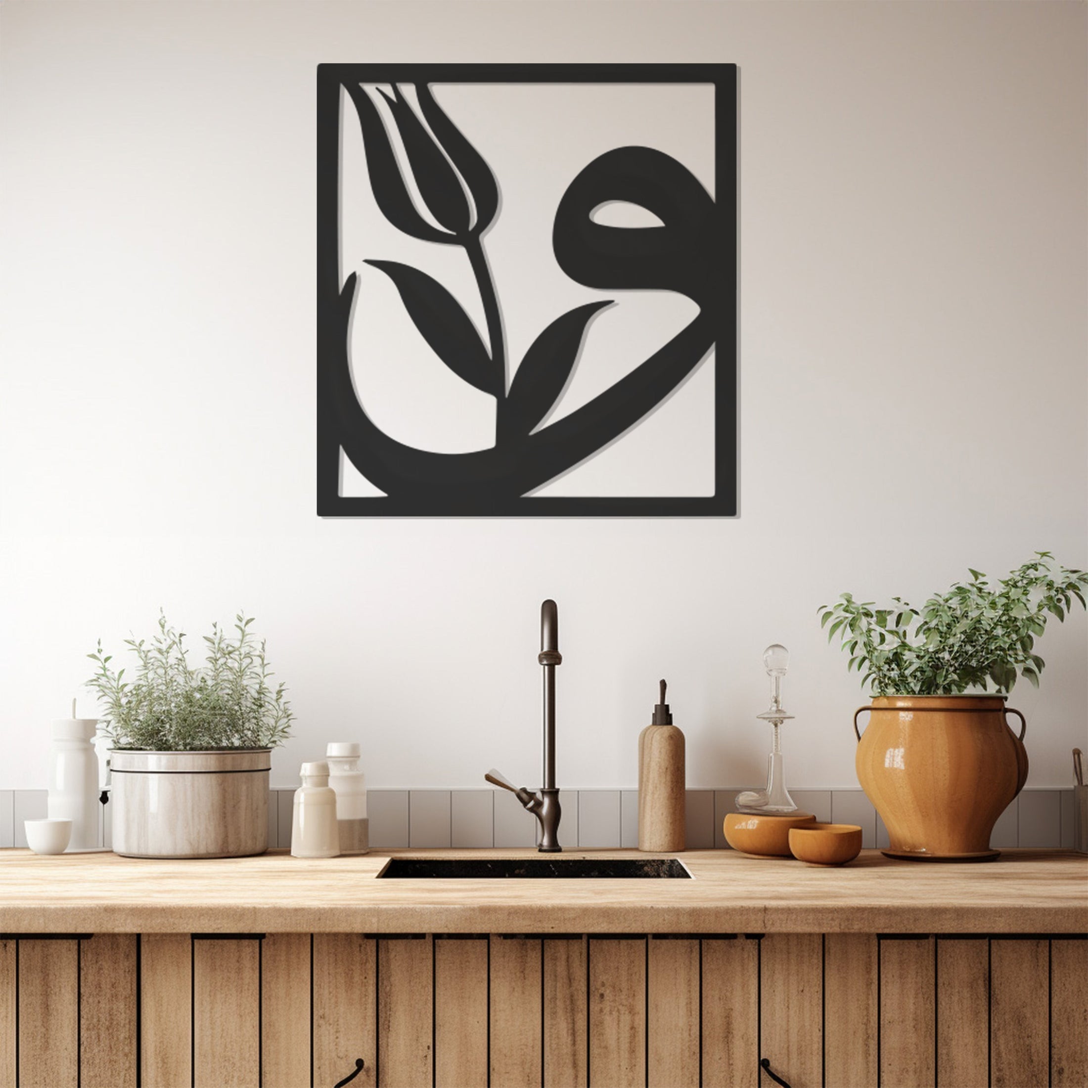 Tulip And Letter Vav In Frame Line Art Metal Wall Art