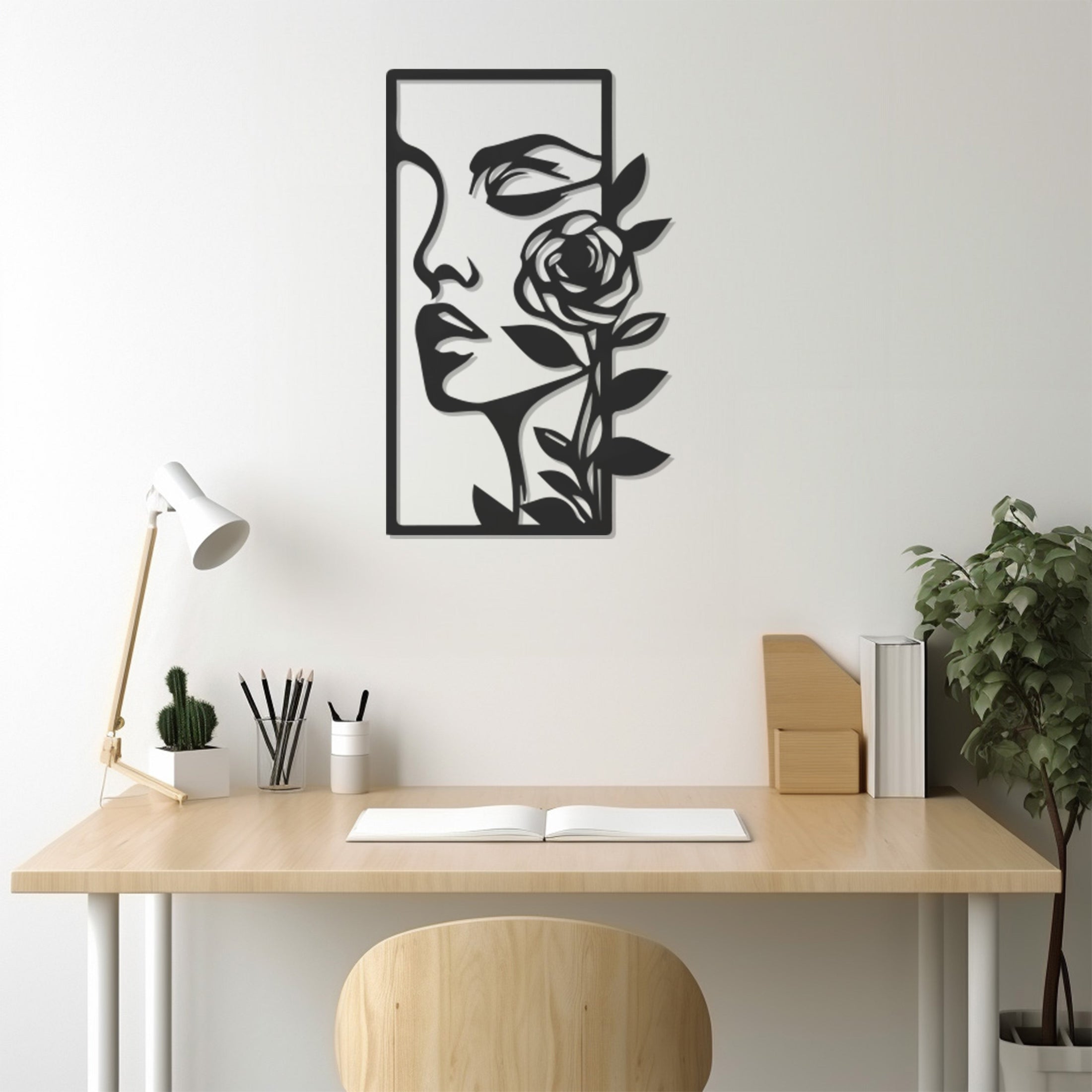 Silhouette Of Woman With Flower On Face Line Art Metal Wall Art