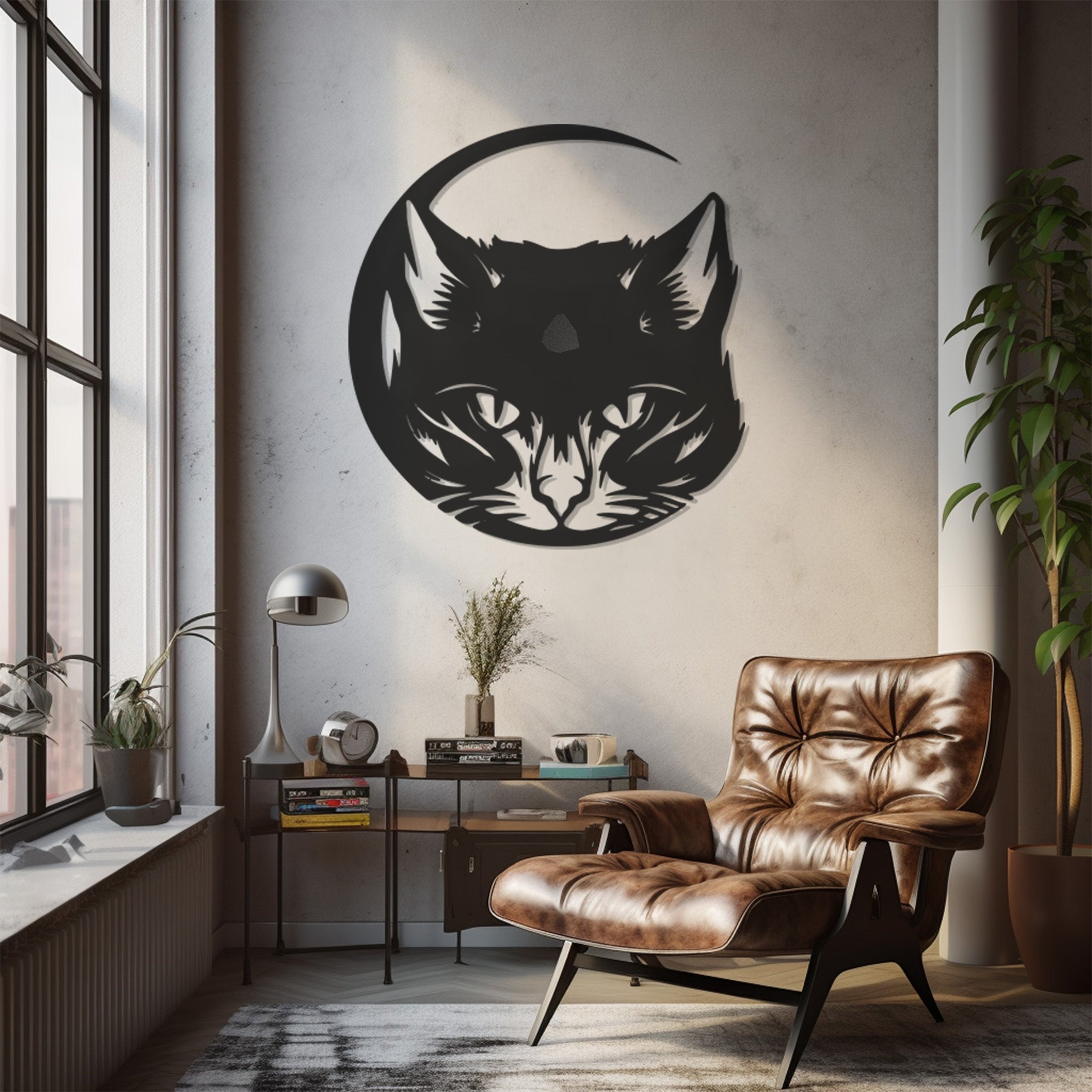 Silhouette Of The Cat'S Head Over The Crescent Metal Wall Art