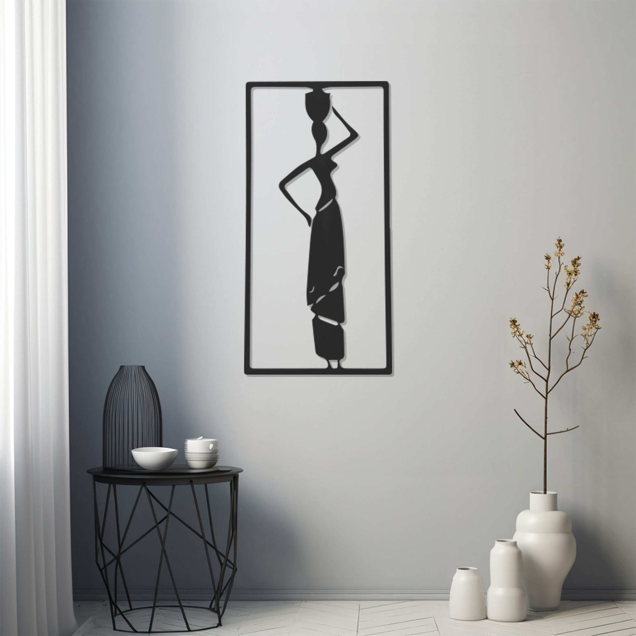 Carrying A Vase On Her Head ,African Woman From Right Profile Metal Wall Art