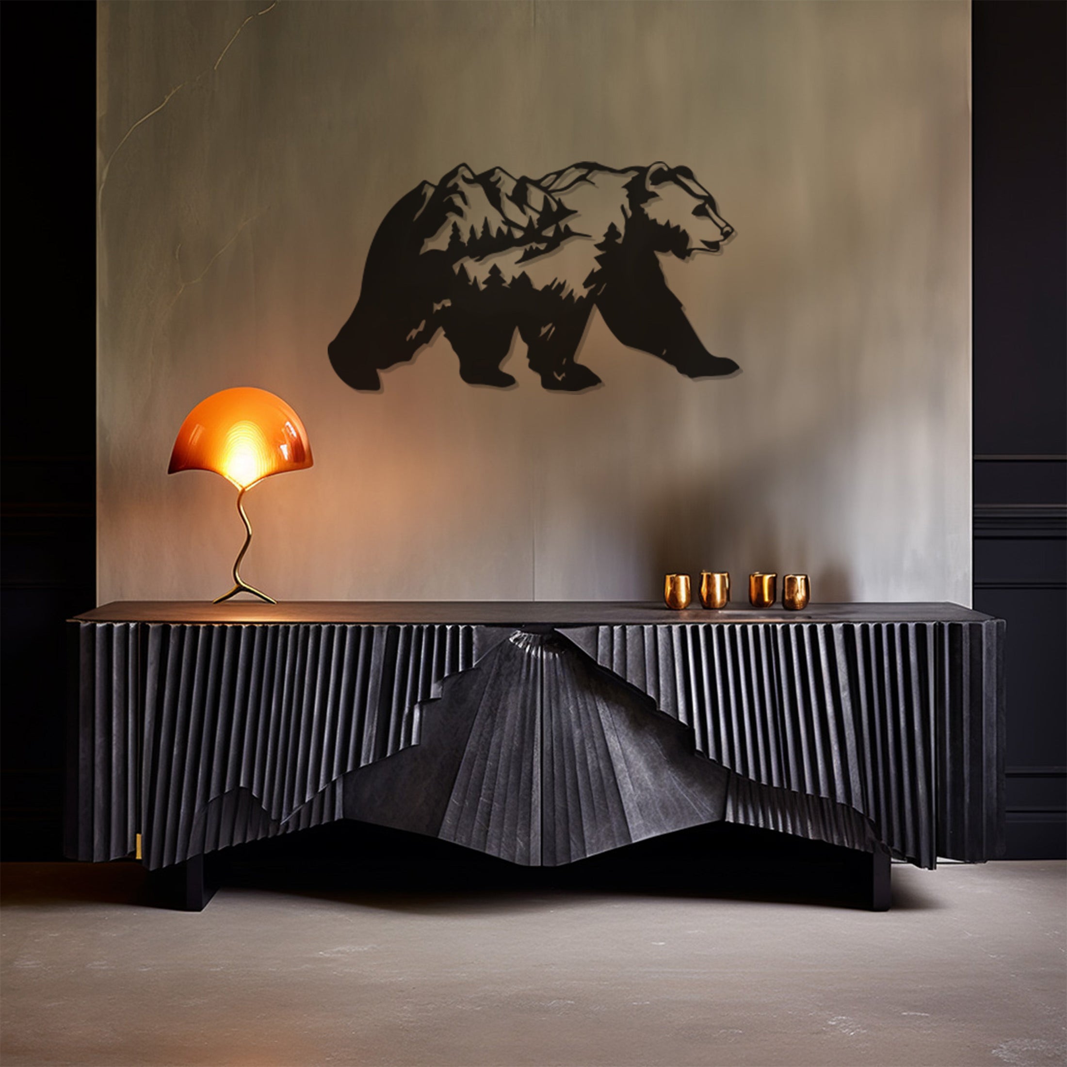 Metal Wall Decor With Forest And Pine Figures In A Bear Silhouette