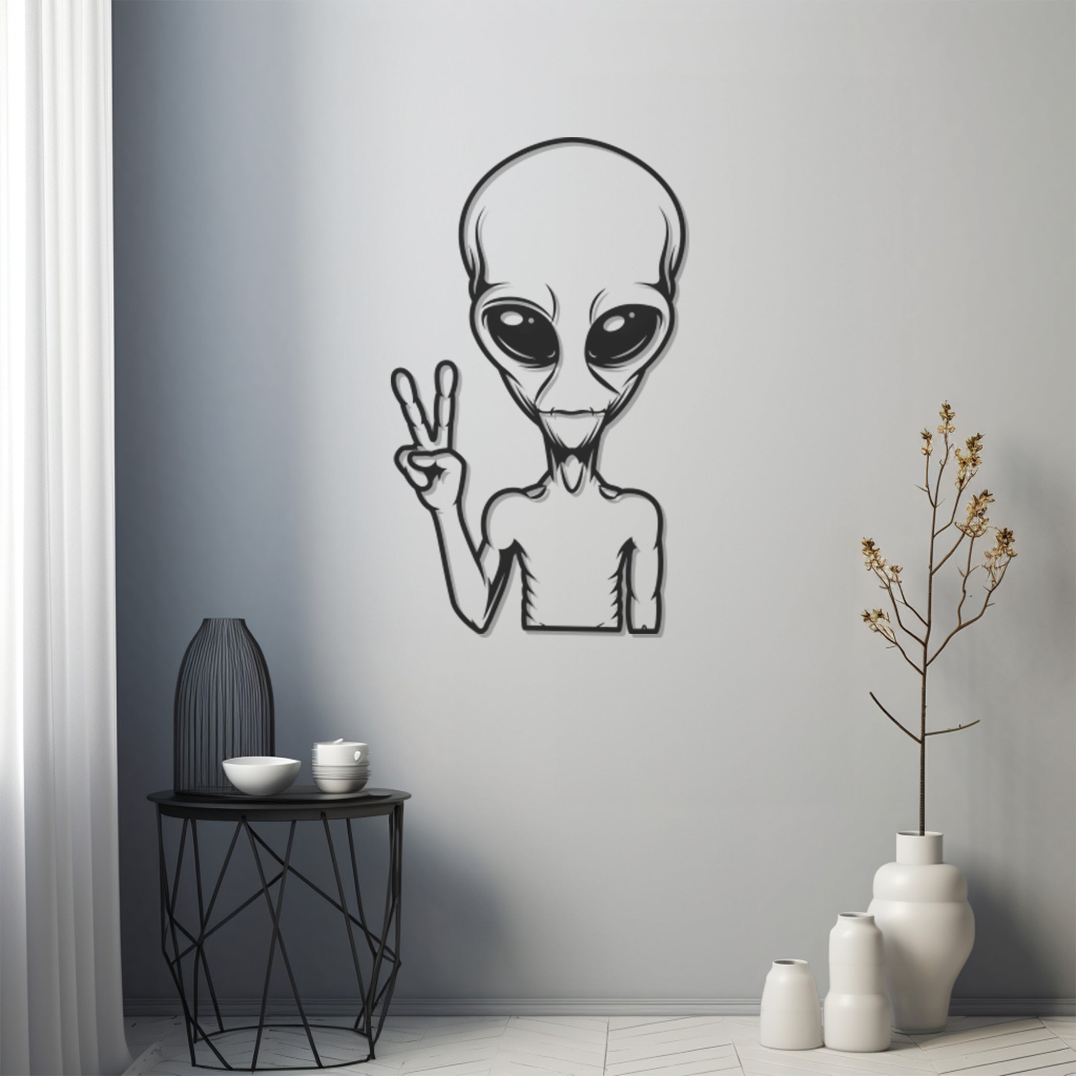 Making Peace Sign Alien Metal Wall Art