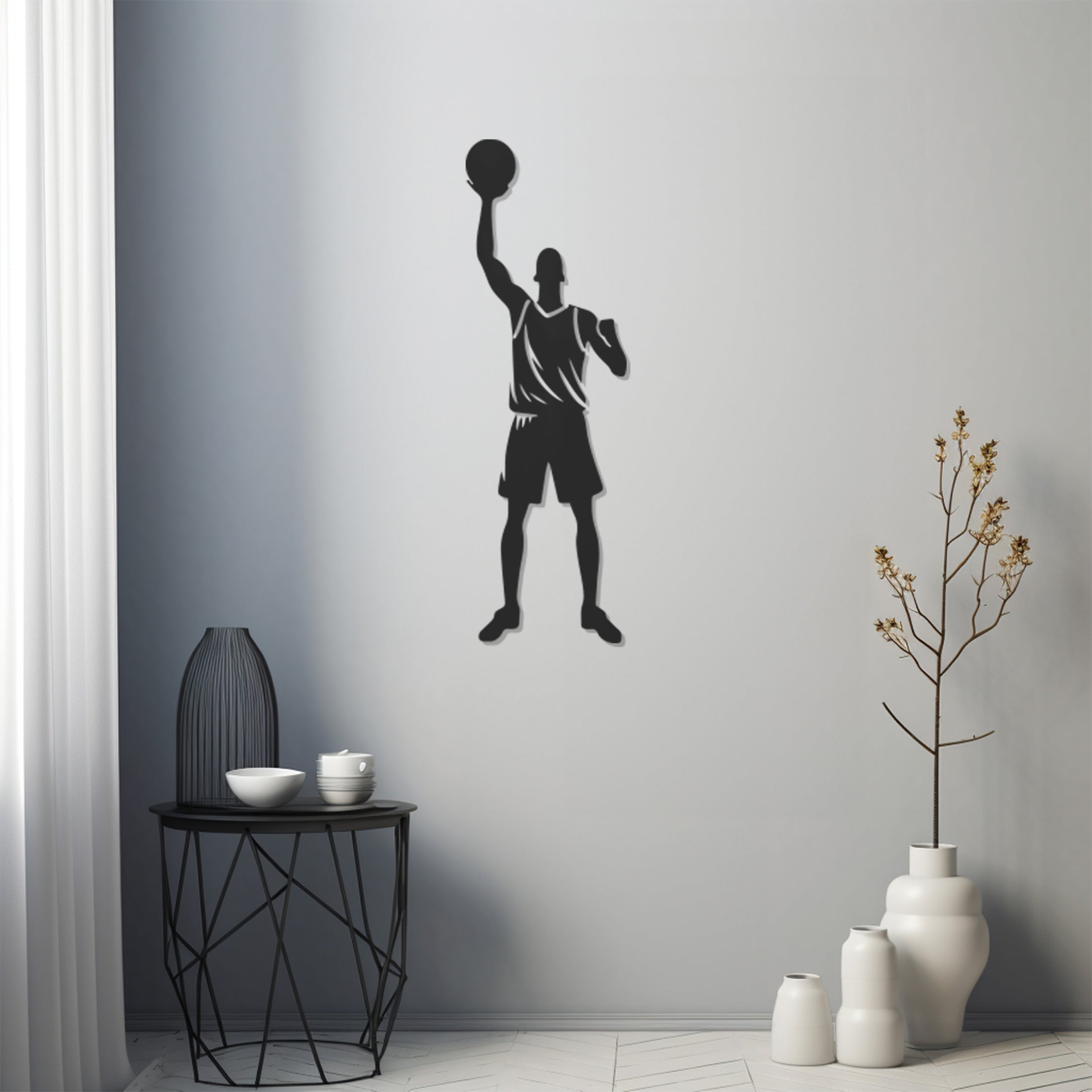 Silhouette Of A Basketball Player Raising A Ball In The Air Metal Wall Decor