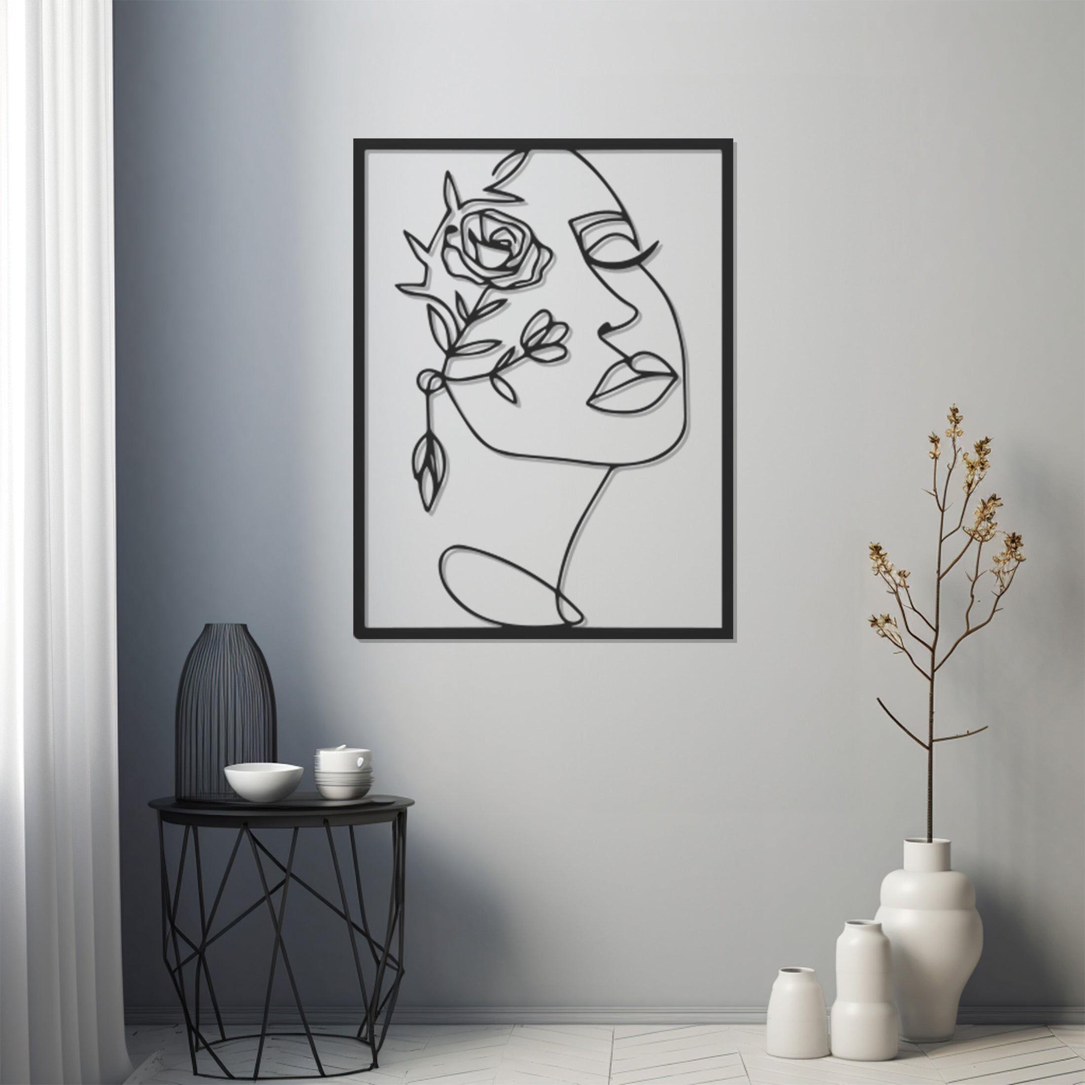 Silhouette Of Woman Face With Rose Line Art Metal Wall Art