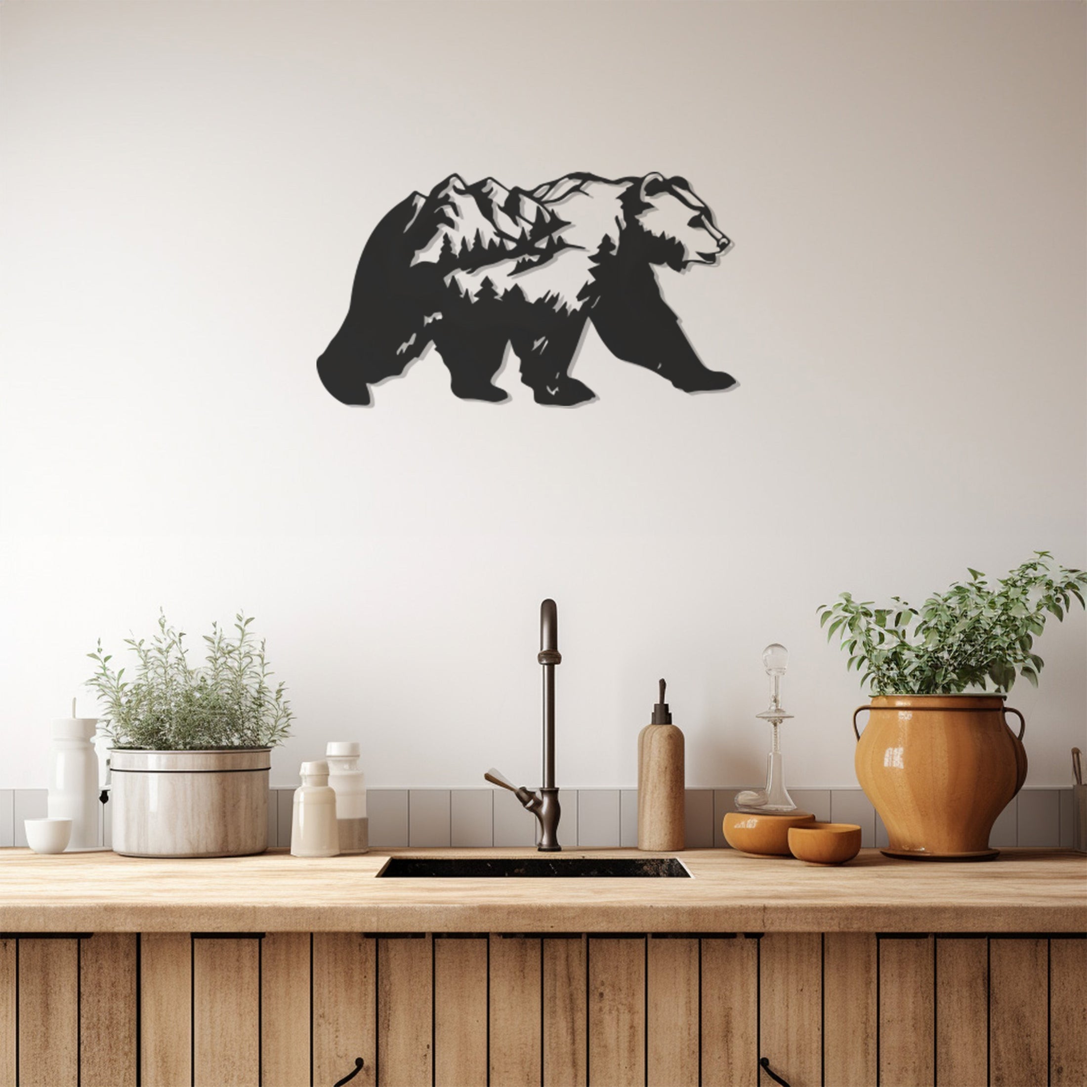 Metal Wall Decor With Forest And Pine Figures In A Bear Silhouette