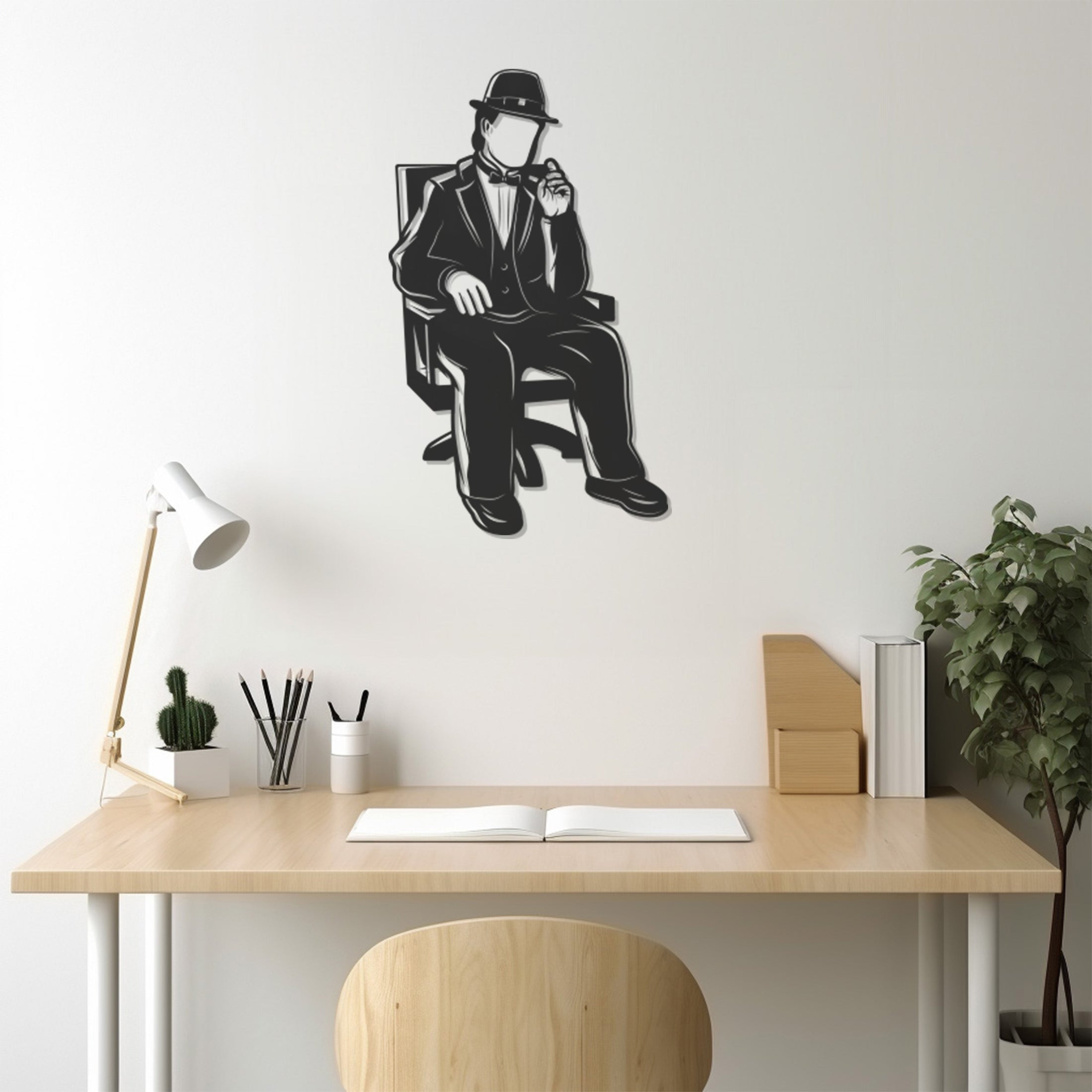 With Hat And Bow Tie Sitting Man Metal Wall Art