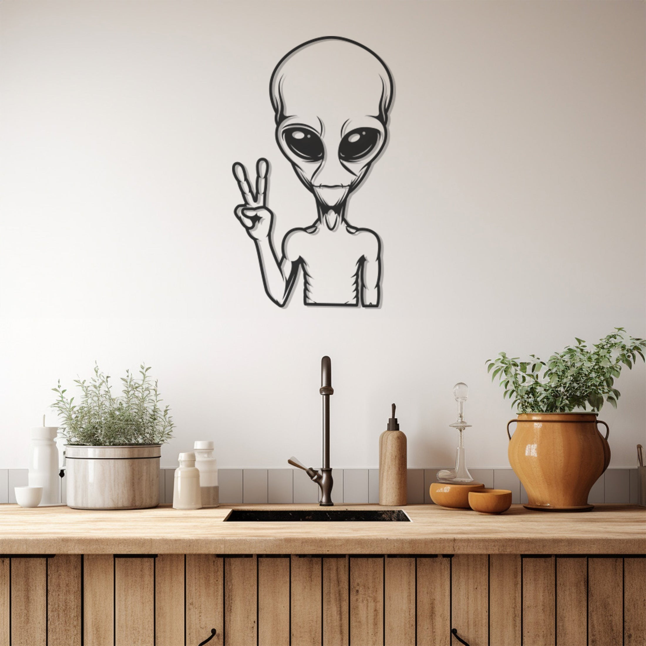 Making Peace Sign Alien Metal Wall Art, Wall Decor, Metal Wall art