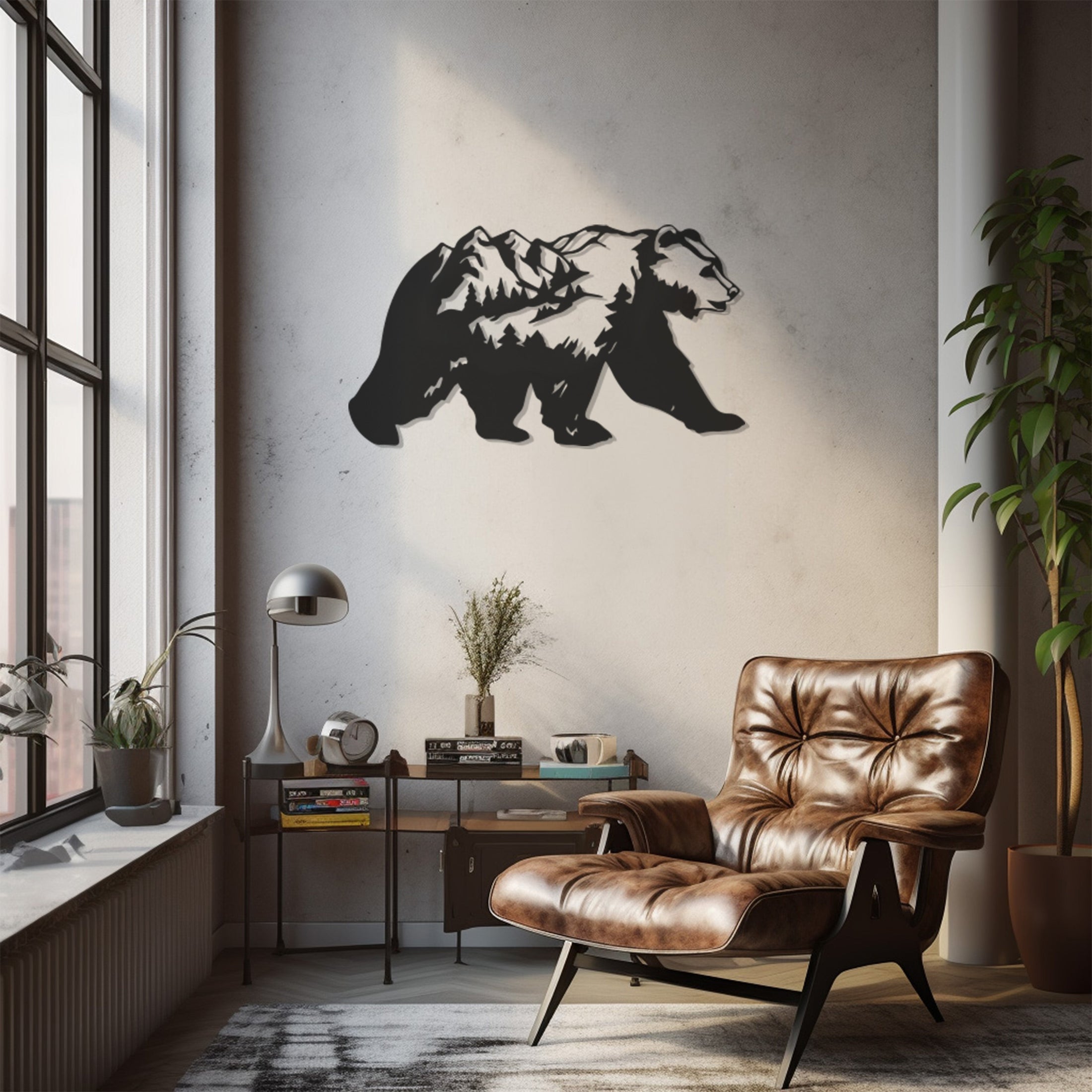 Metal Wall Decor With Forest And Pine Figures In A Bear Silhouette