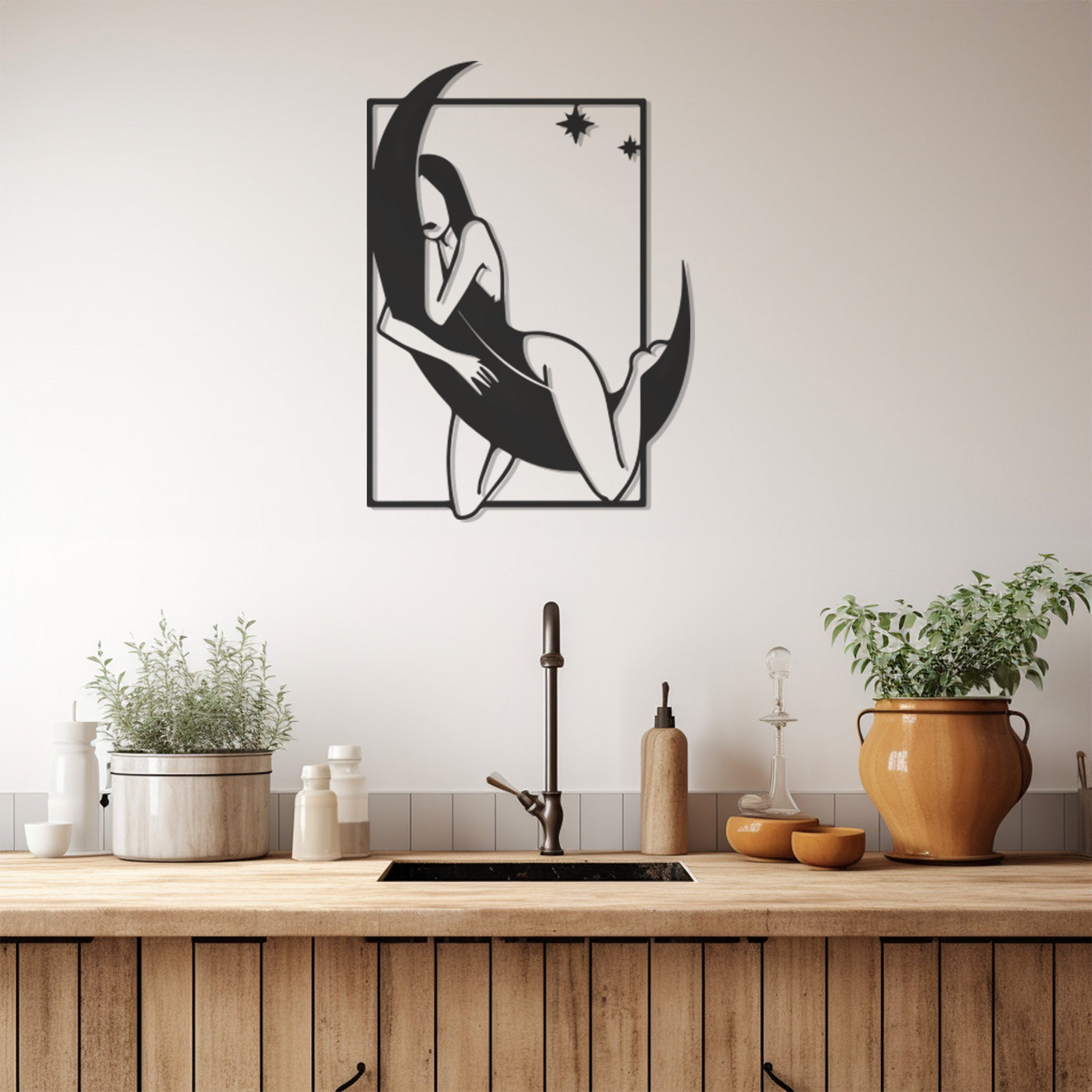 Silhouette Of Woman Sleeping On The Moon Metal Wall Art