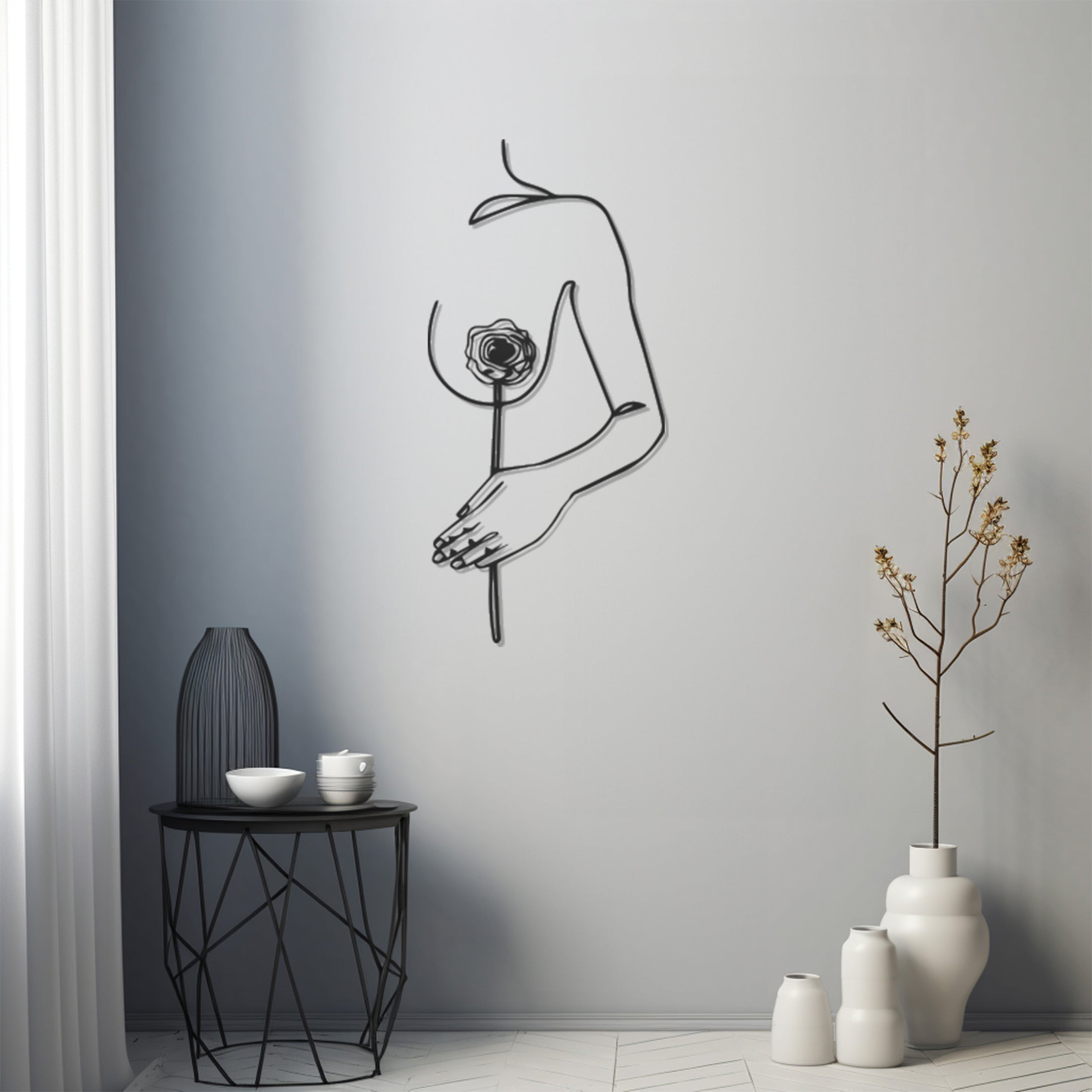 Minimalist Woman And Rose Metal Wall Art