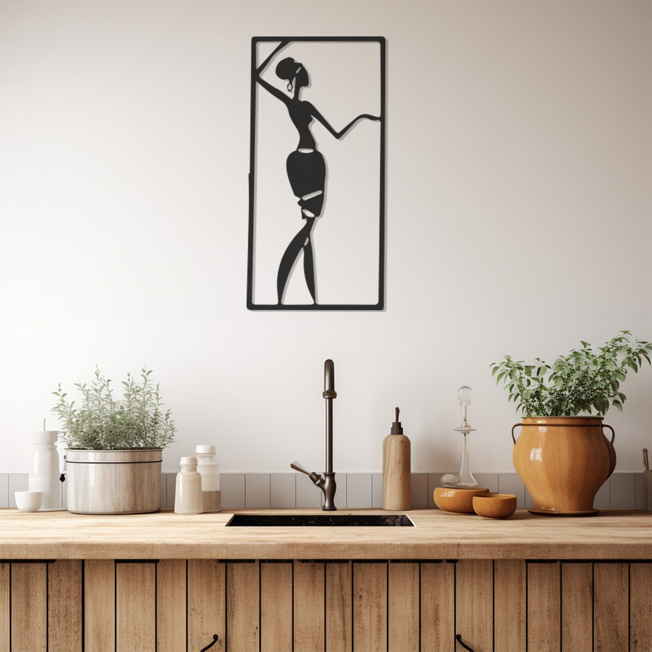 With Earrings And Skirt, Looks Aesthetically Pleasing African Woman With Hand Figures Metal Wall Art