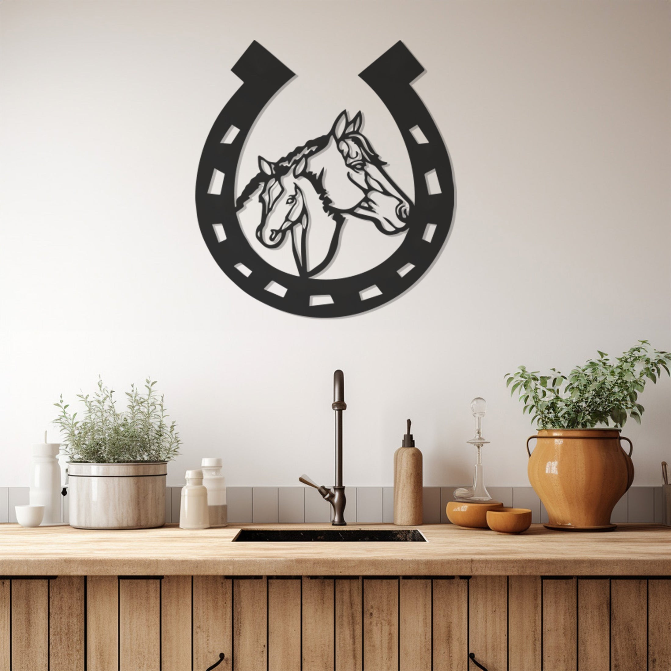 Silhouette Of Two Horses In Horseshoe Metal Wall Decor