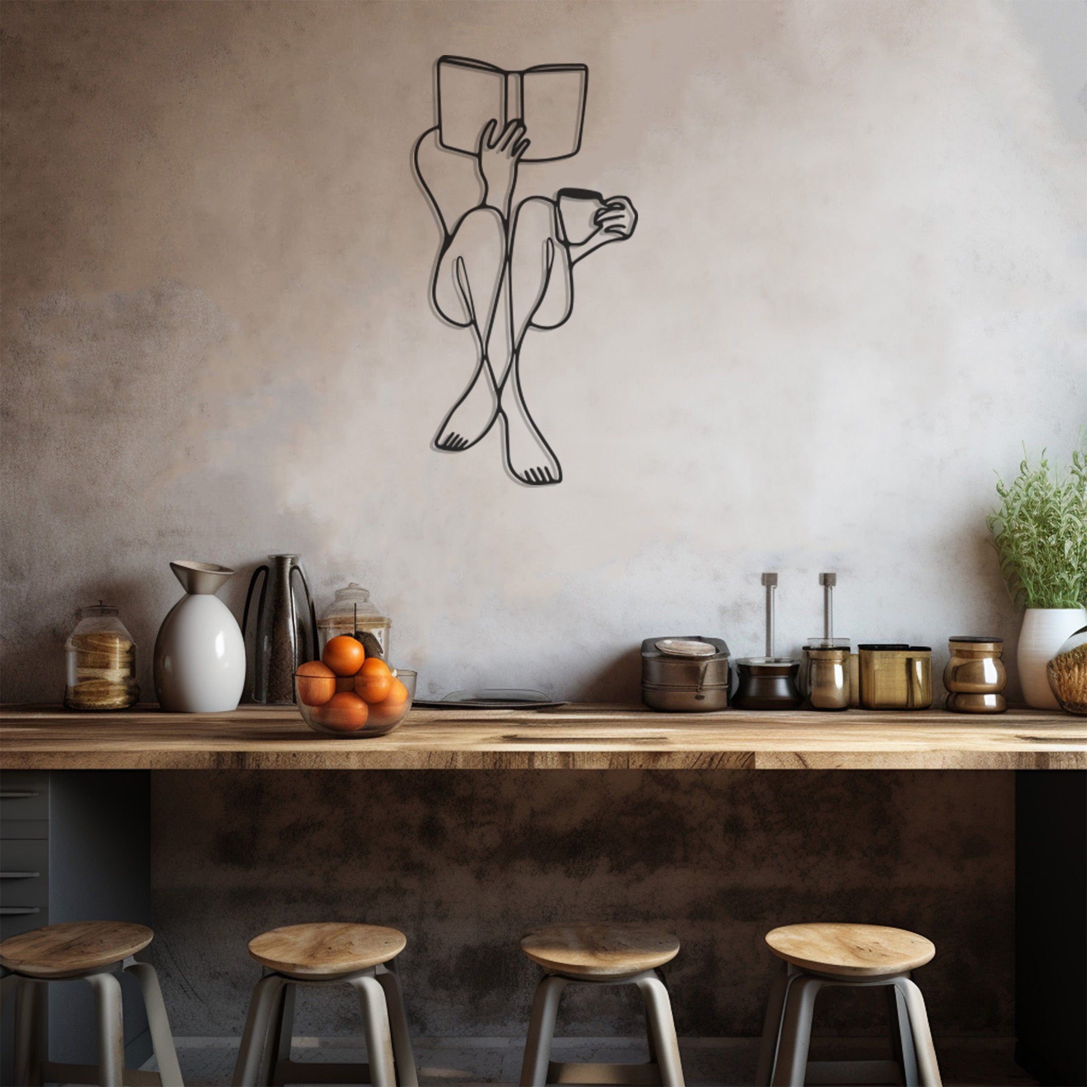 Book Coffee Woman Line Art Metal Wall Art