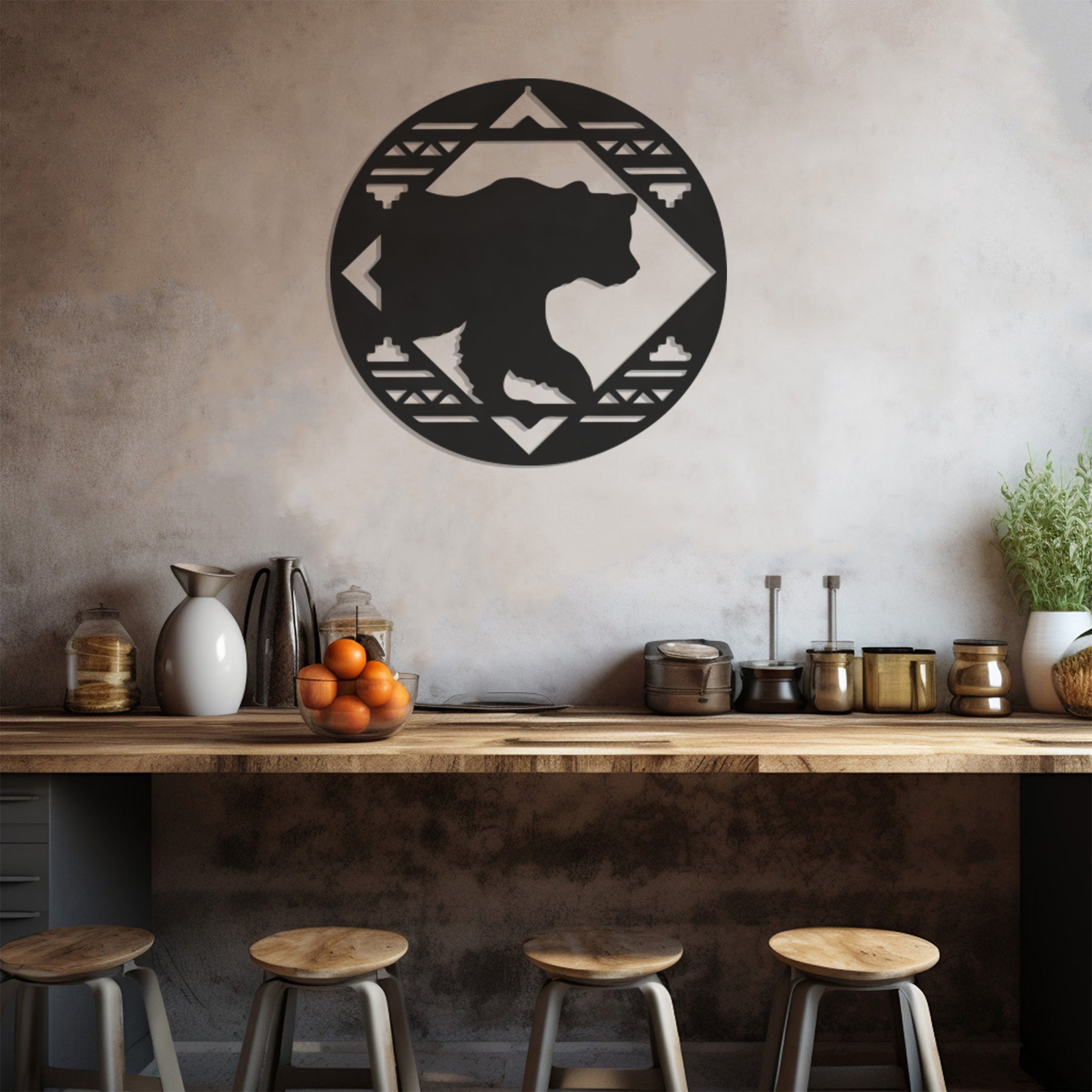 Silhouette Of Bear In Circle Metal Wall Art Decor