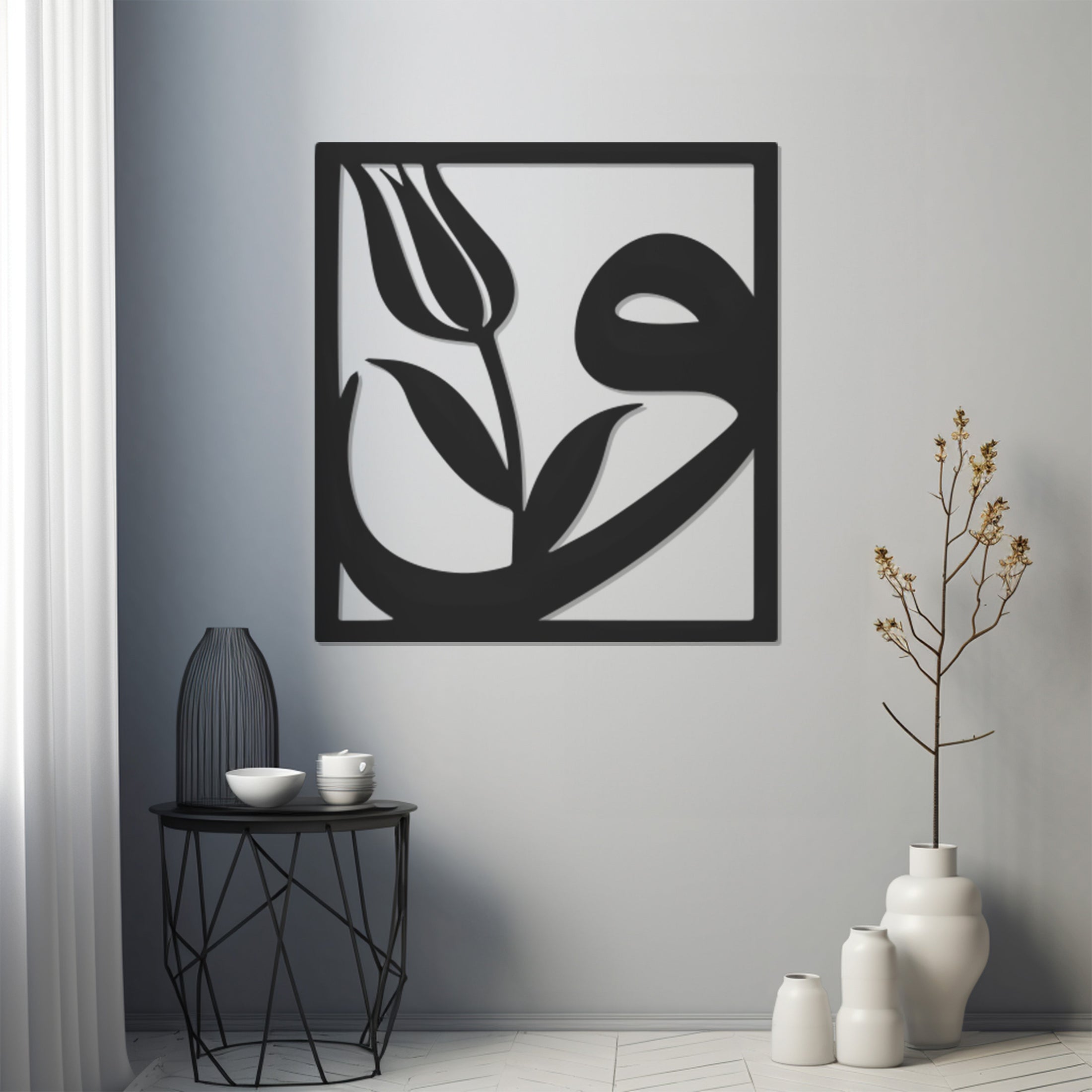 Tulip And Letter Vav In Frame Line Art Metal Wall Art