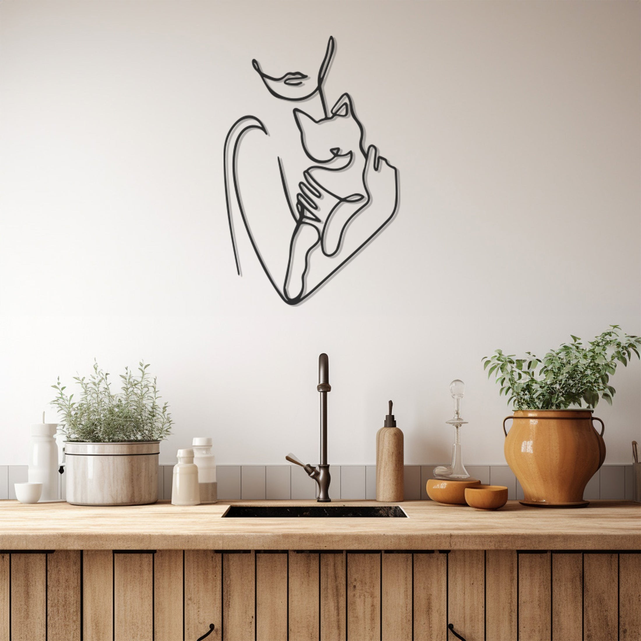 Cat And Cat Mother Line Art Metal Wall Decor