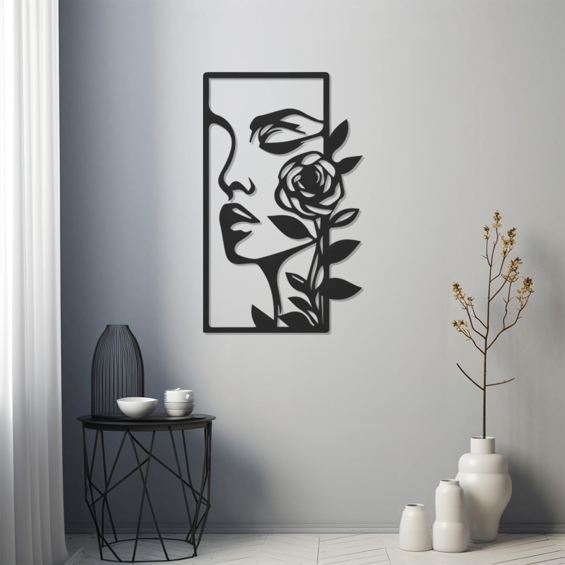 Silhouette Of Woman With Flower On Face Line Art Metal Wall Art