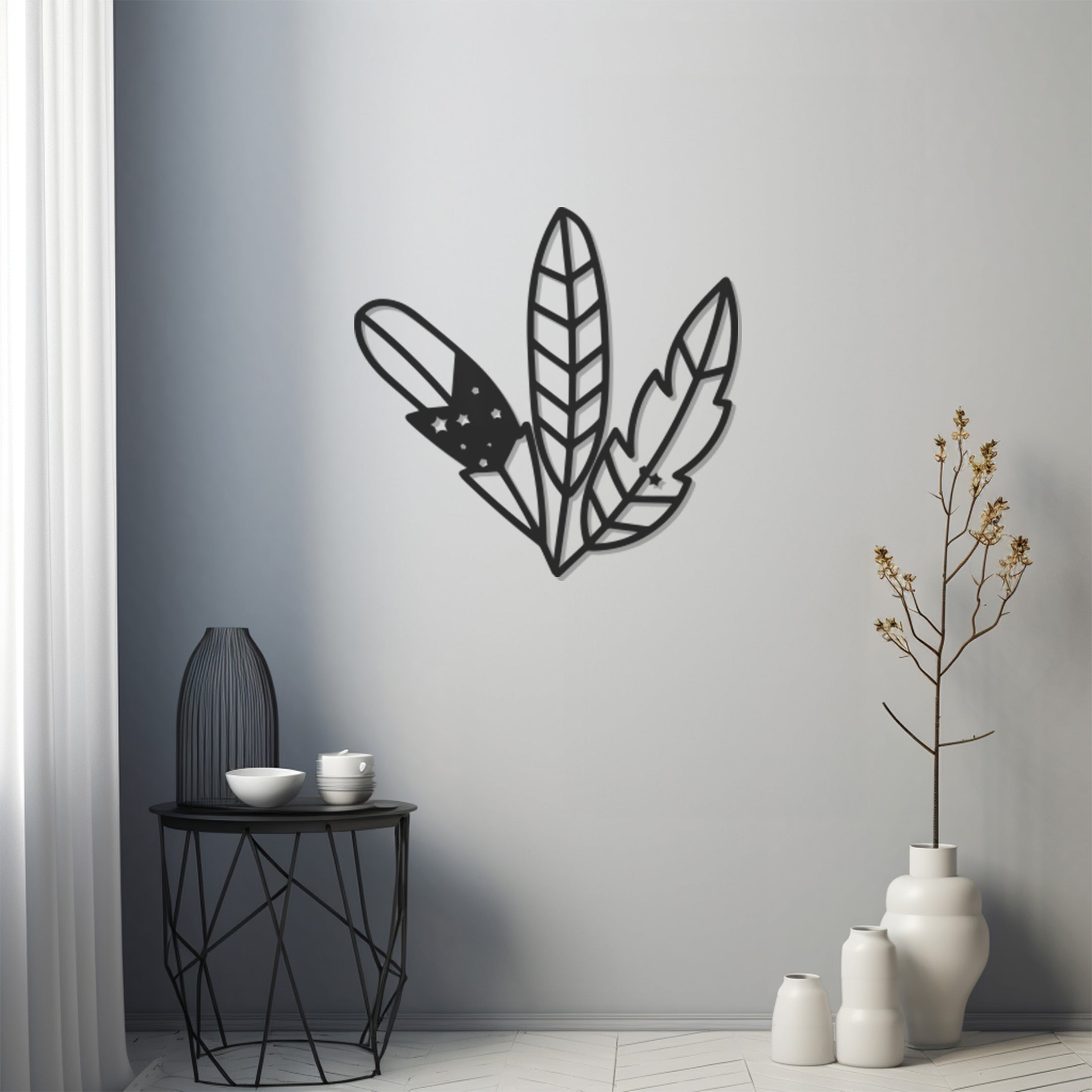 Star Detailed Bird Feathers Metal Wall Art