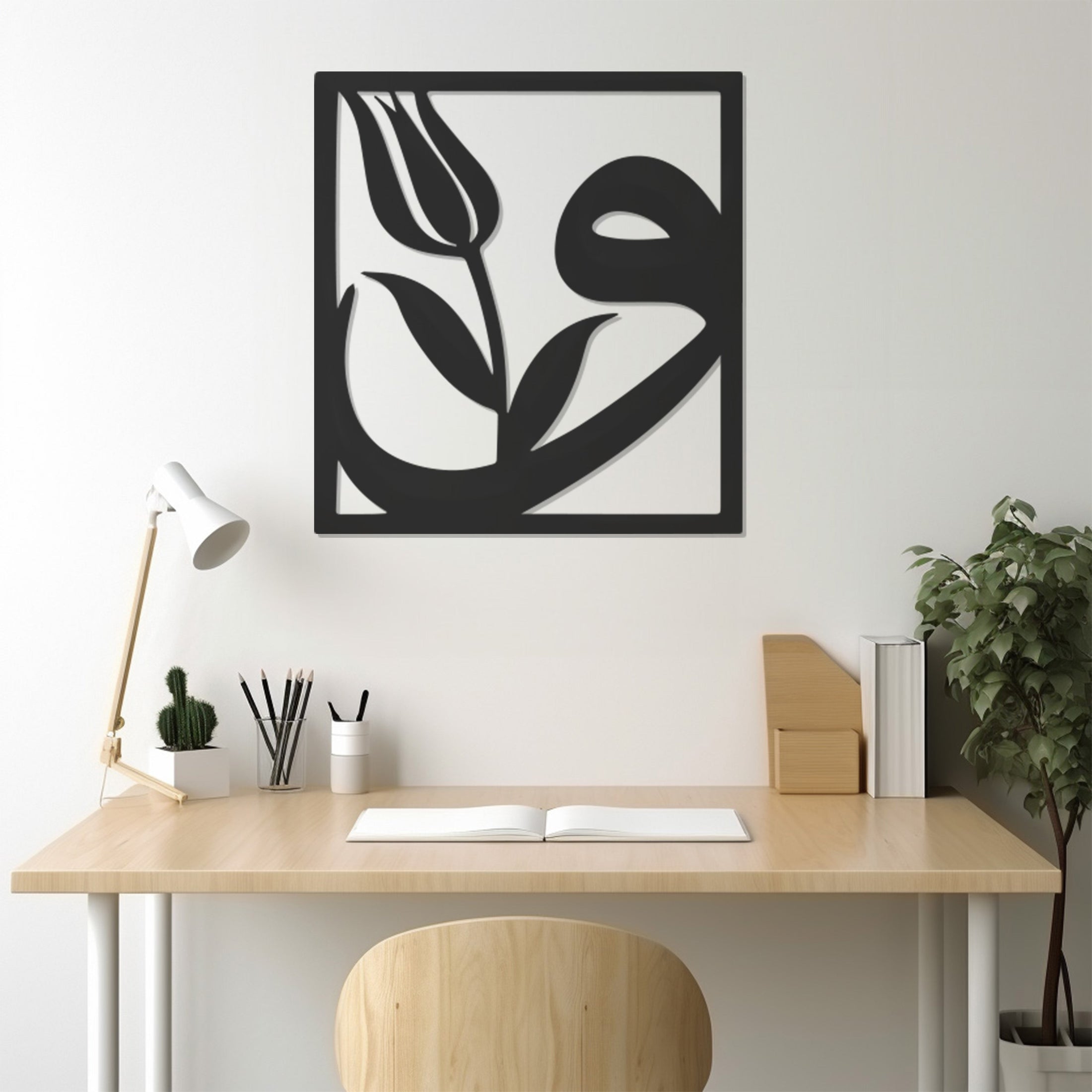 Tulip And Letter Vav In Frame Line Art Metal Wall Art