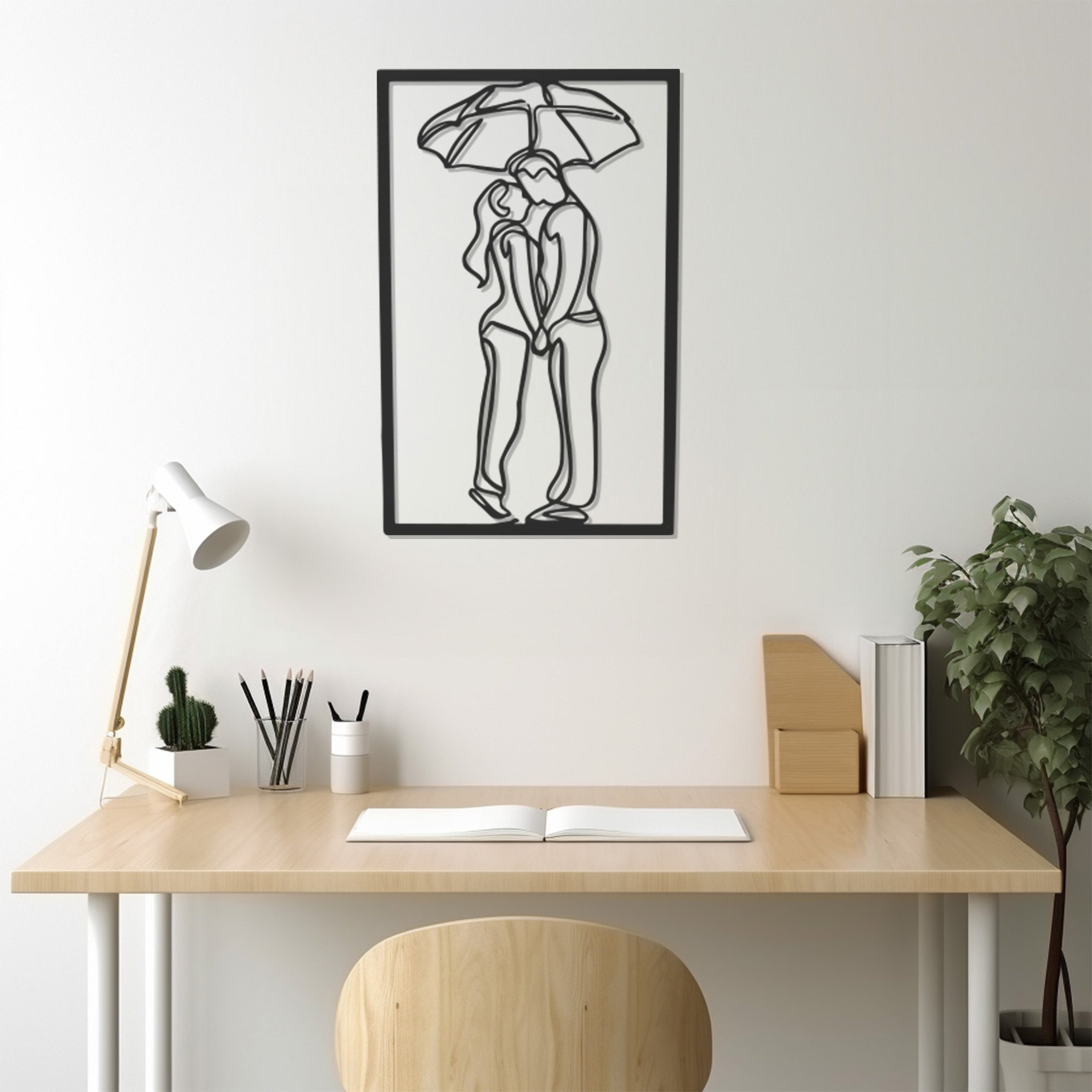 Silhouette Of Lover Holding Umbrella In The Rain Metal Wall Art Decor