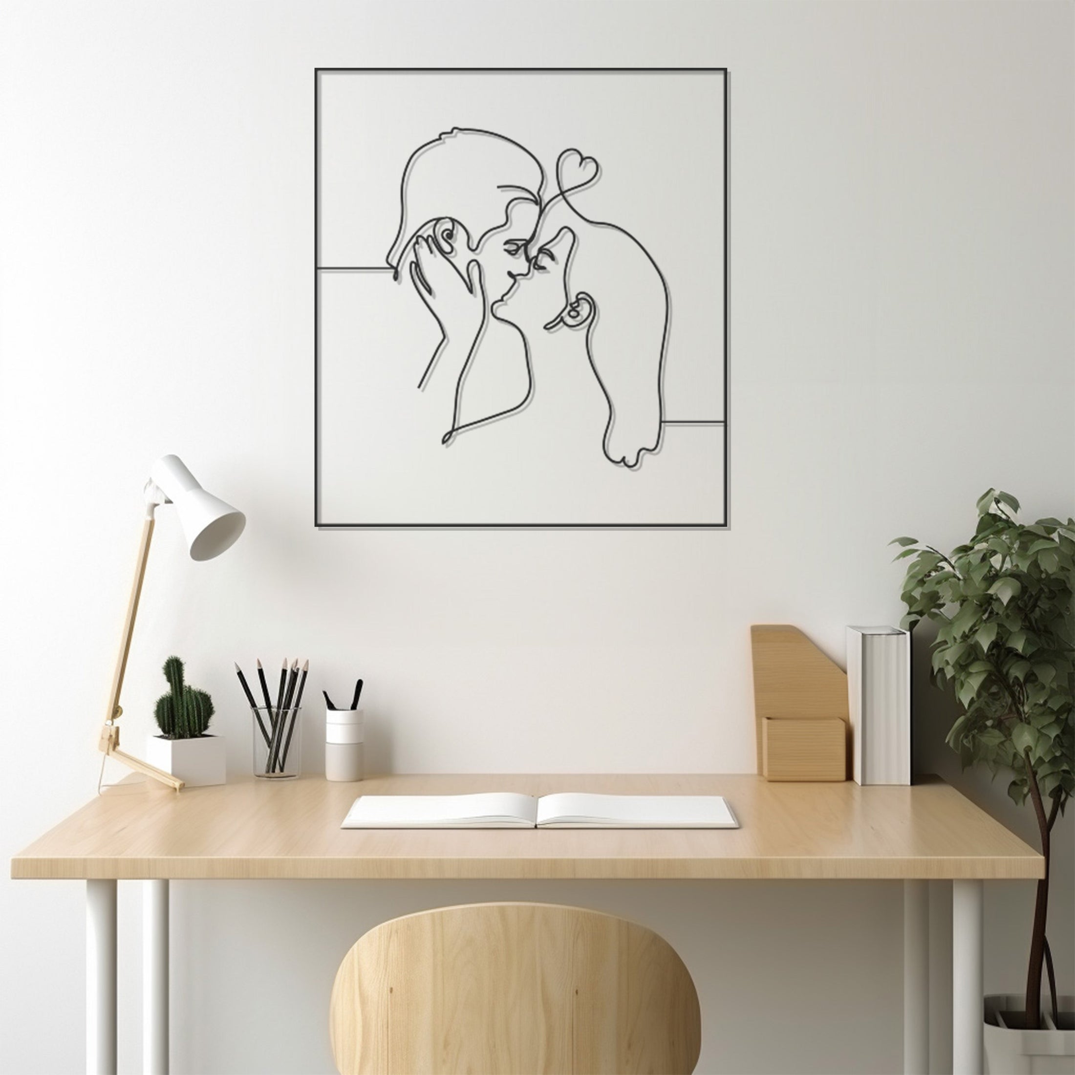 Kissing Lovers Silhouette Drawn With Line Art Technique Metal Wall Decor