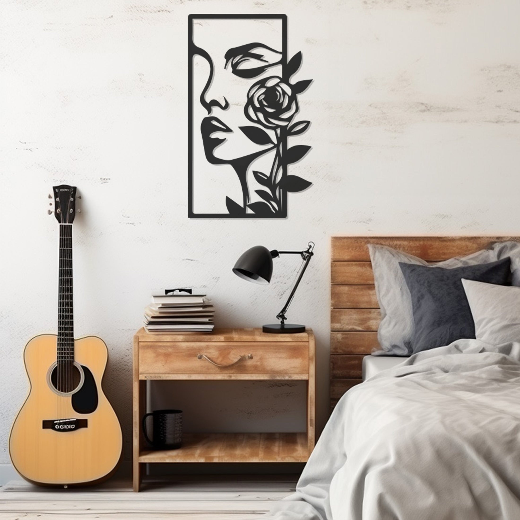 Silhouette Of Woman With Flower On Face Line Art Metal Wall Art