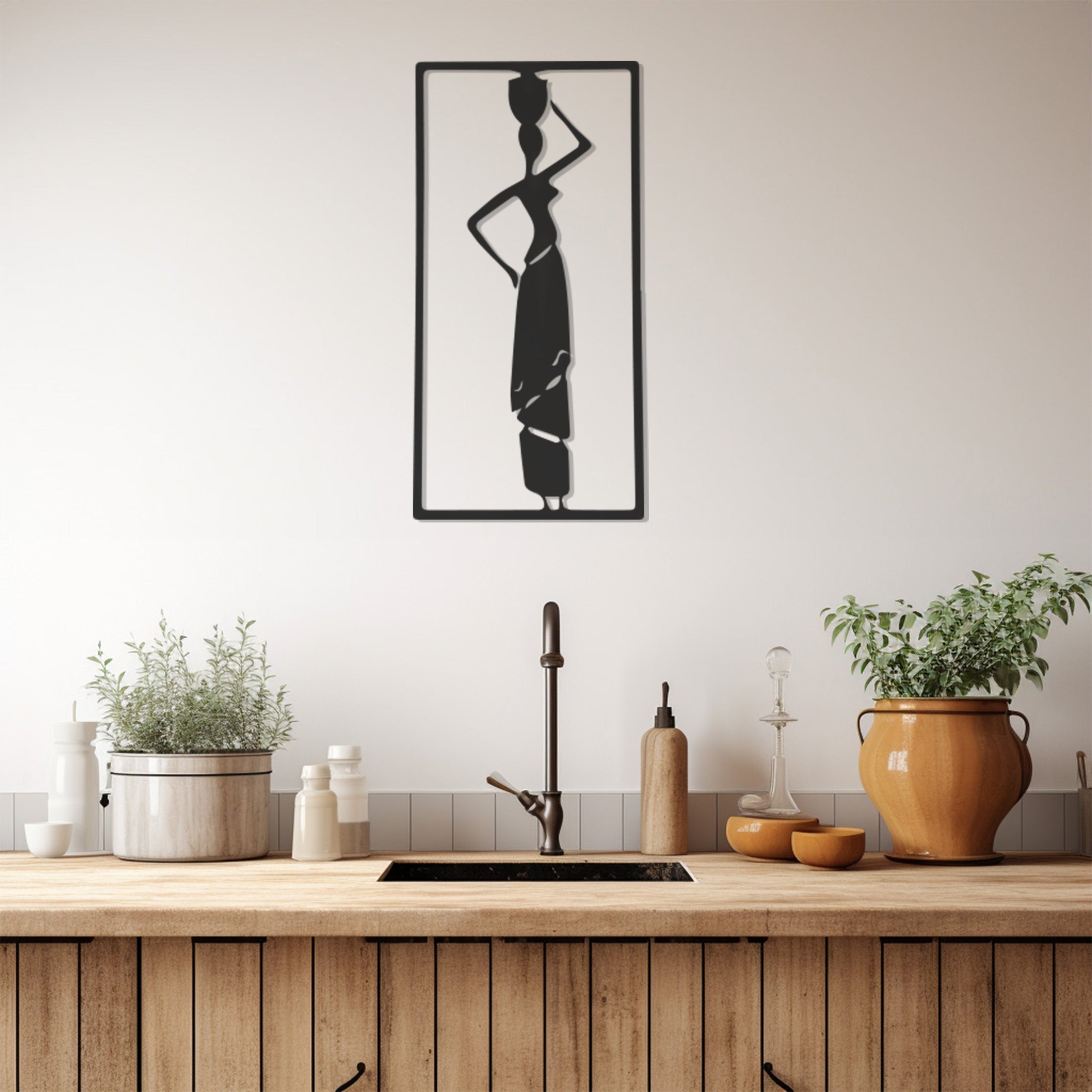 Carrying A Vase On Her Head ,African Woman From Right Profile Metal Wall Art