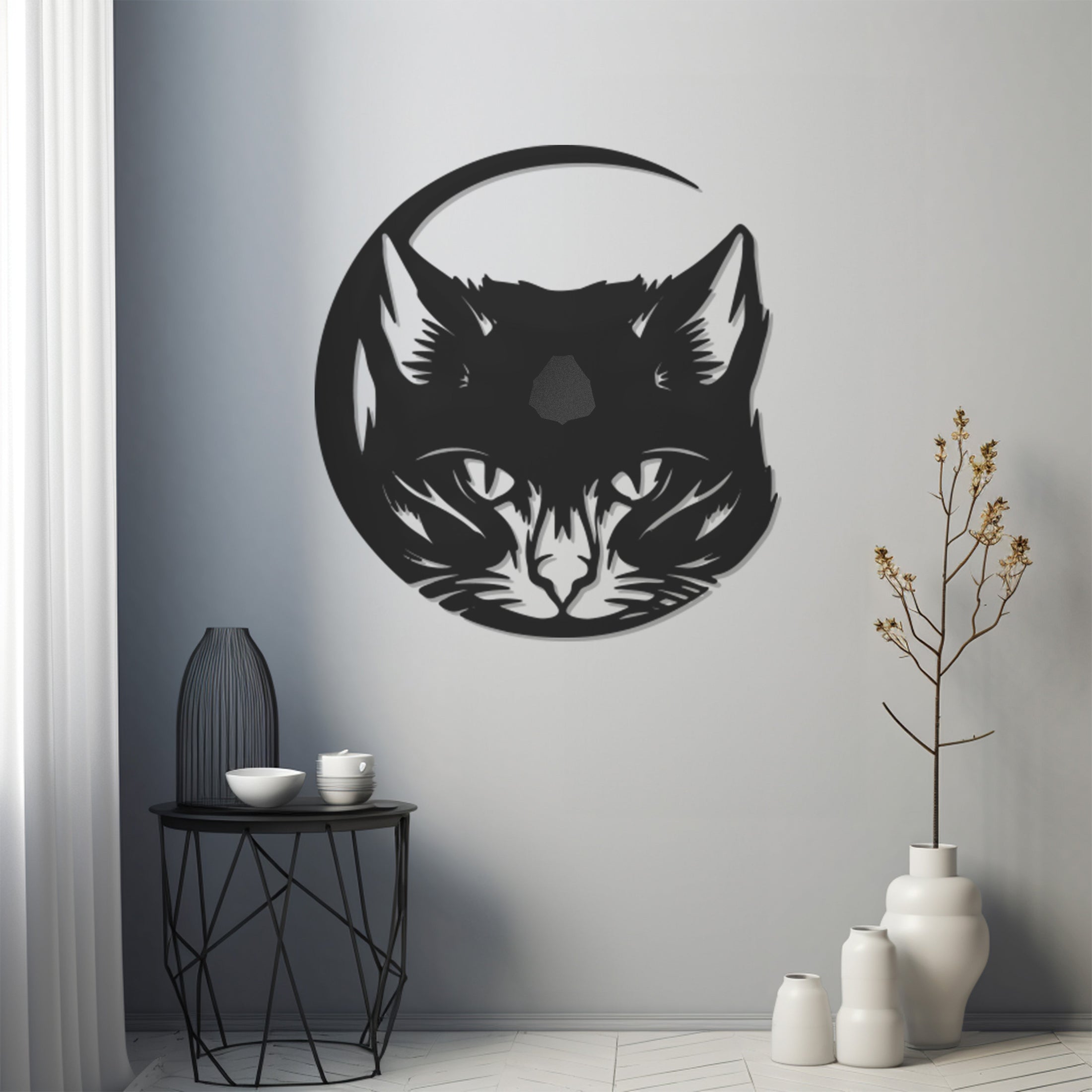 Silhouette Of The Cat'S Head Over The Crescent Metal Wall Art