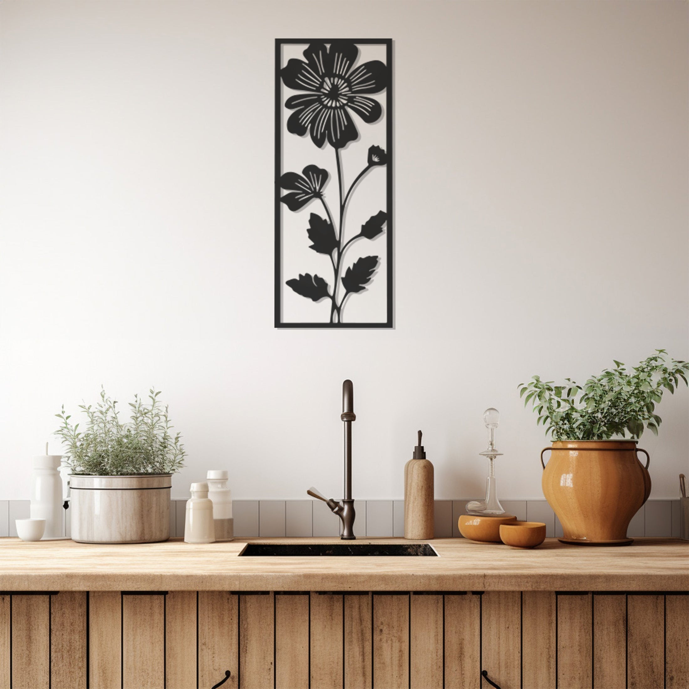 Silhouette Of Flower In Frame Metal Wall Art Decor