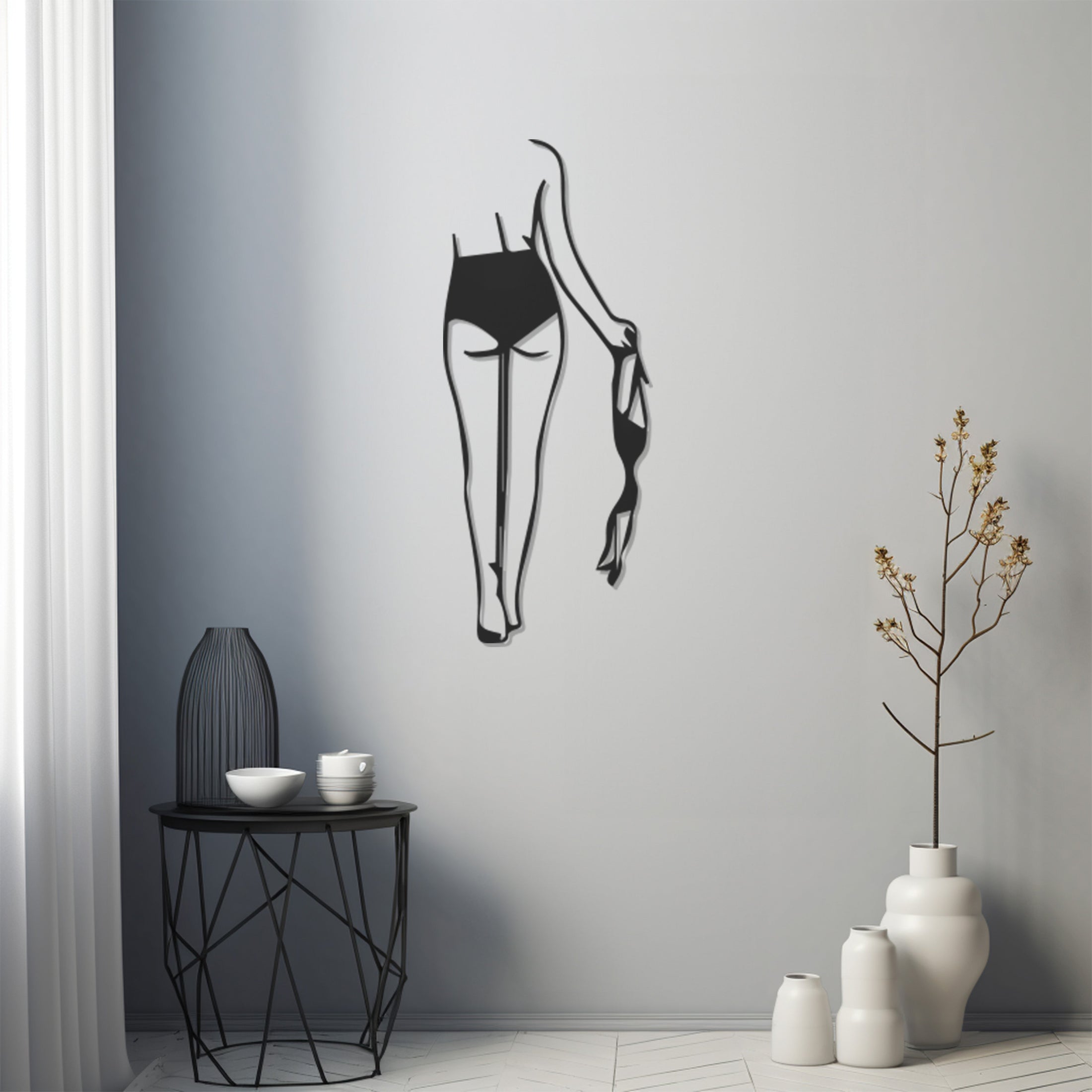 Metal Wall Decor With A Nude Female Figure Walking With A Bra In Her Hand Drawn With Line Art Technique