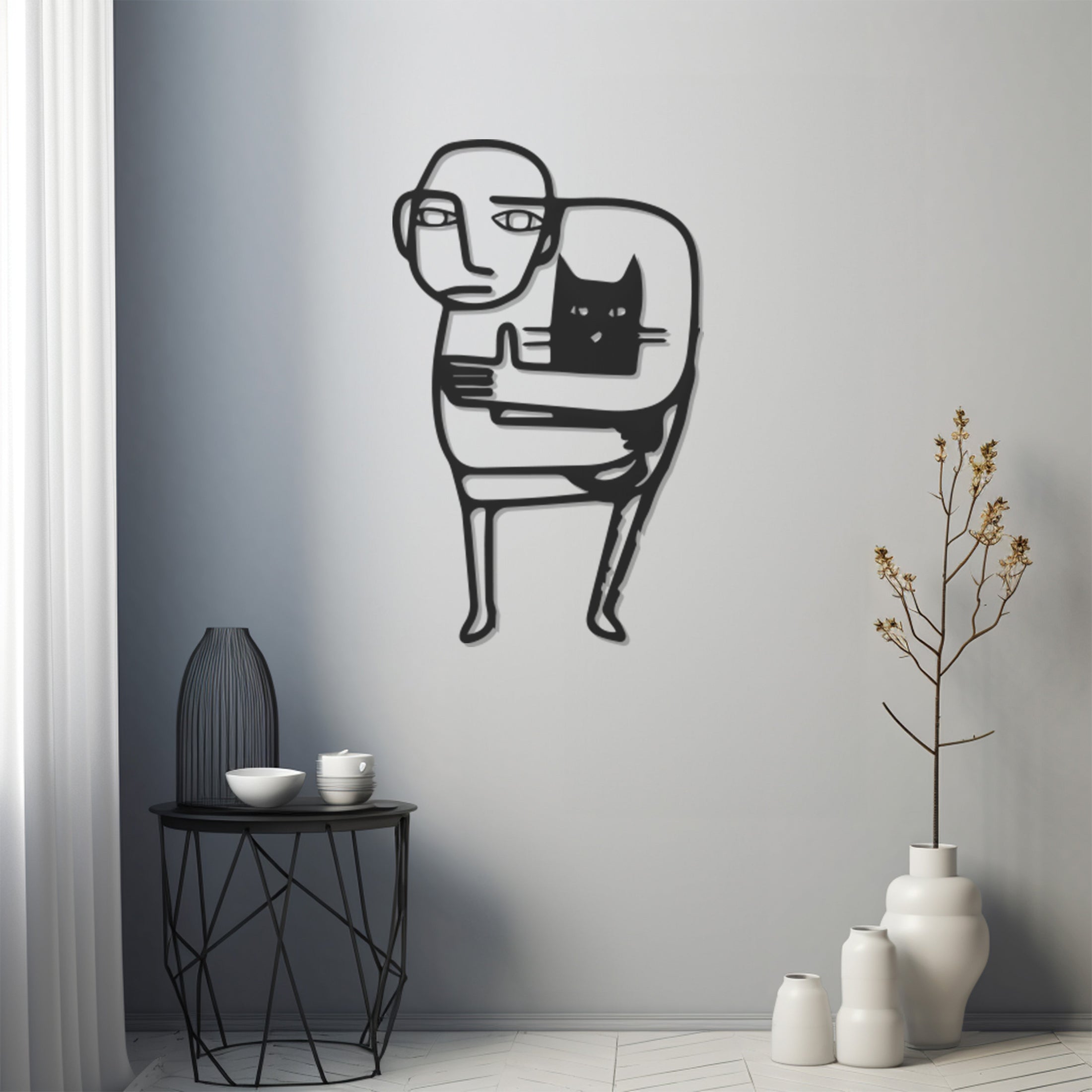 Minimalist Boy And Cat Metal Wall Art