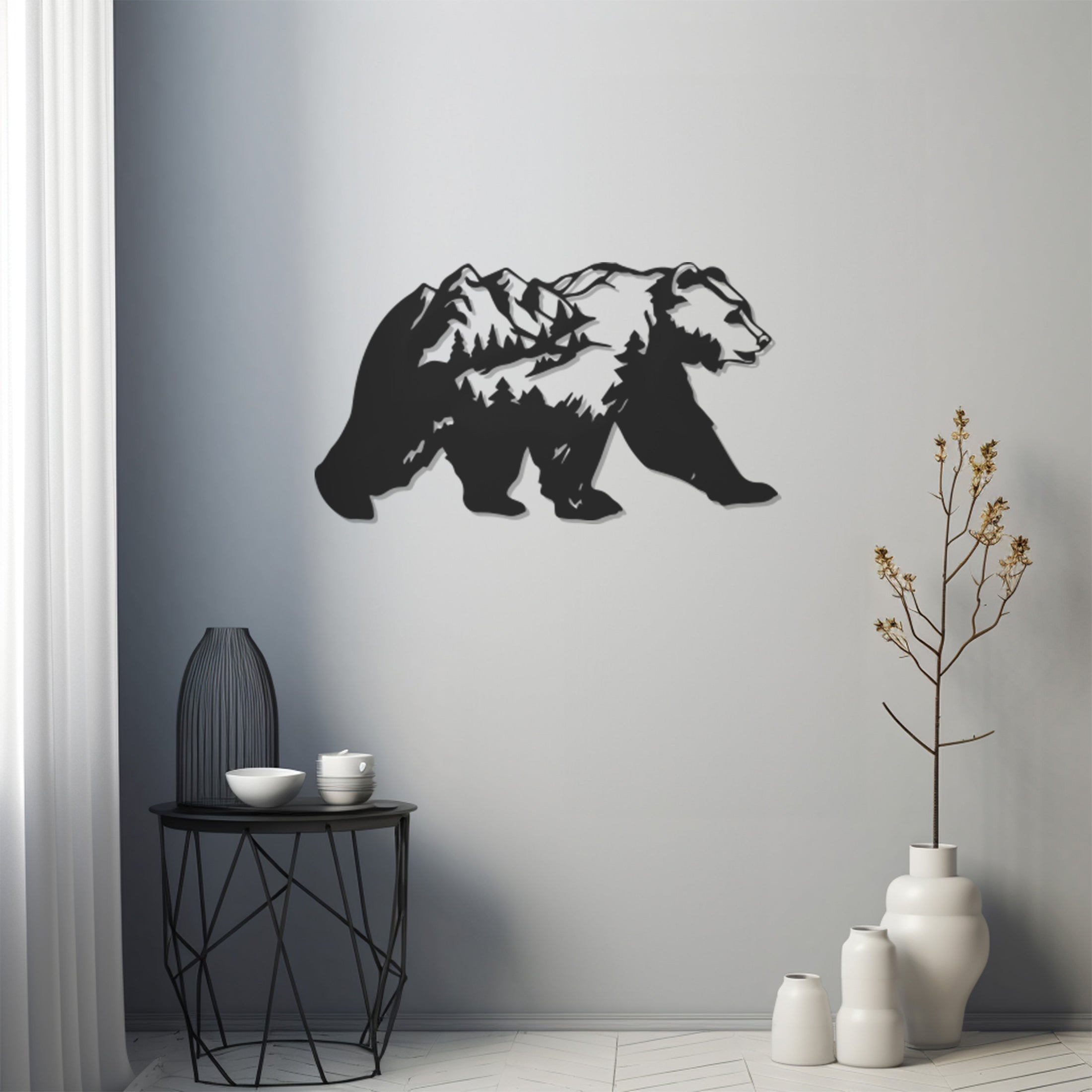 Metal Wall Decor With Forest And Pine Figures In A Bear Silhouette