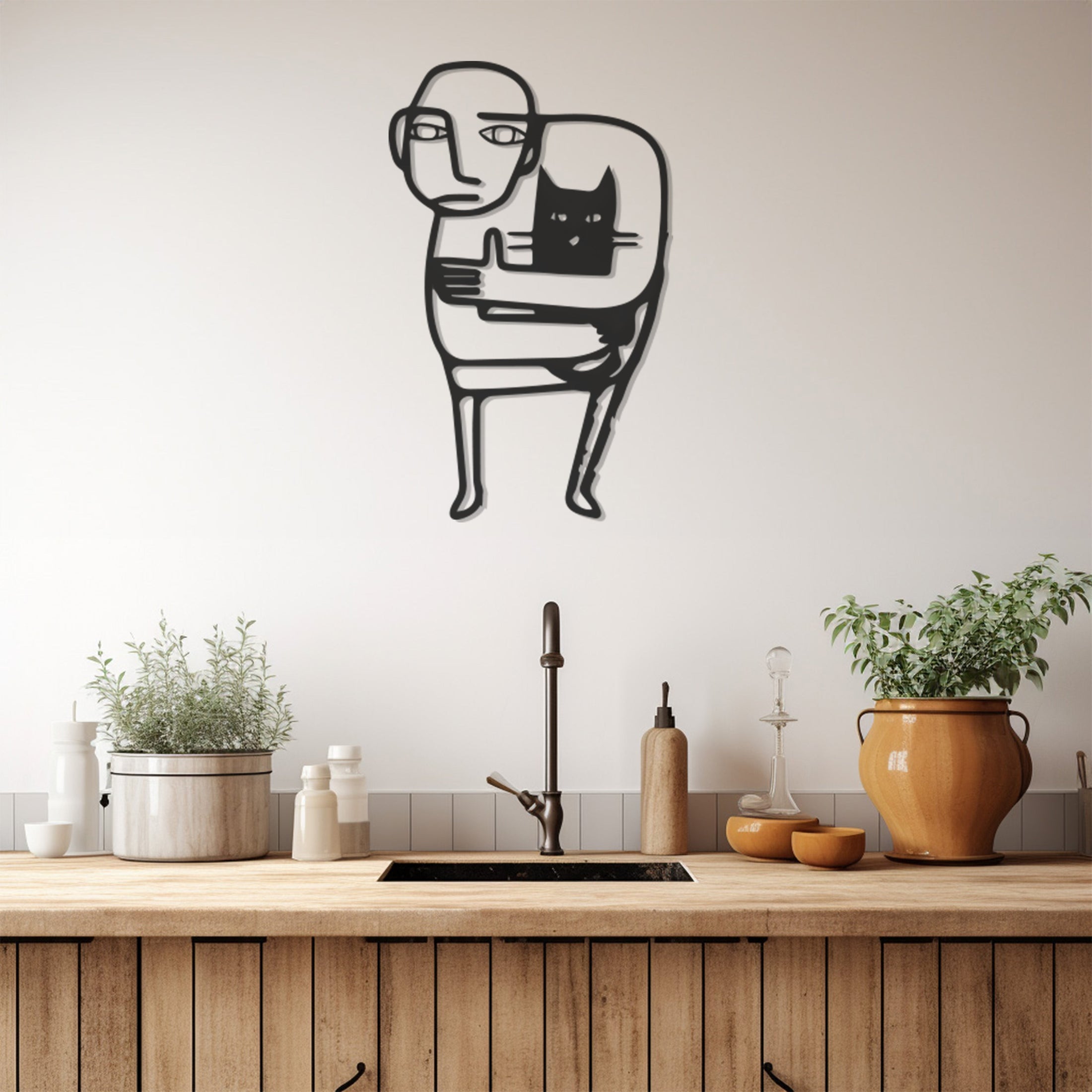 Minimalist Boy And Cat Metal Wall Art, Wall Decor, Metal Wall art