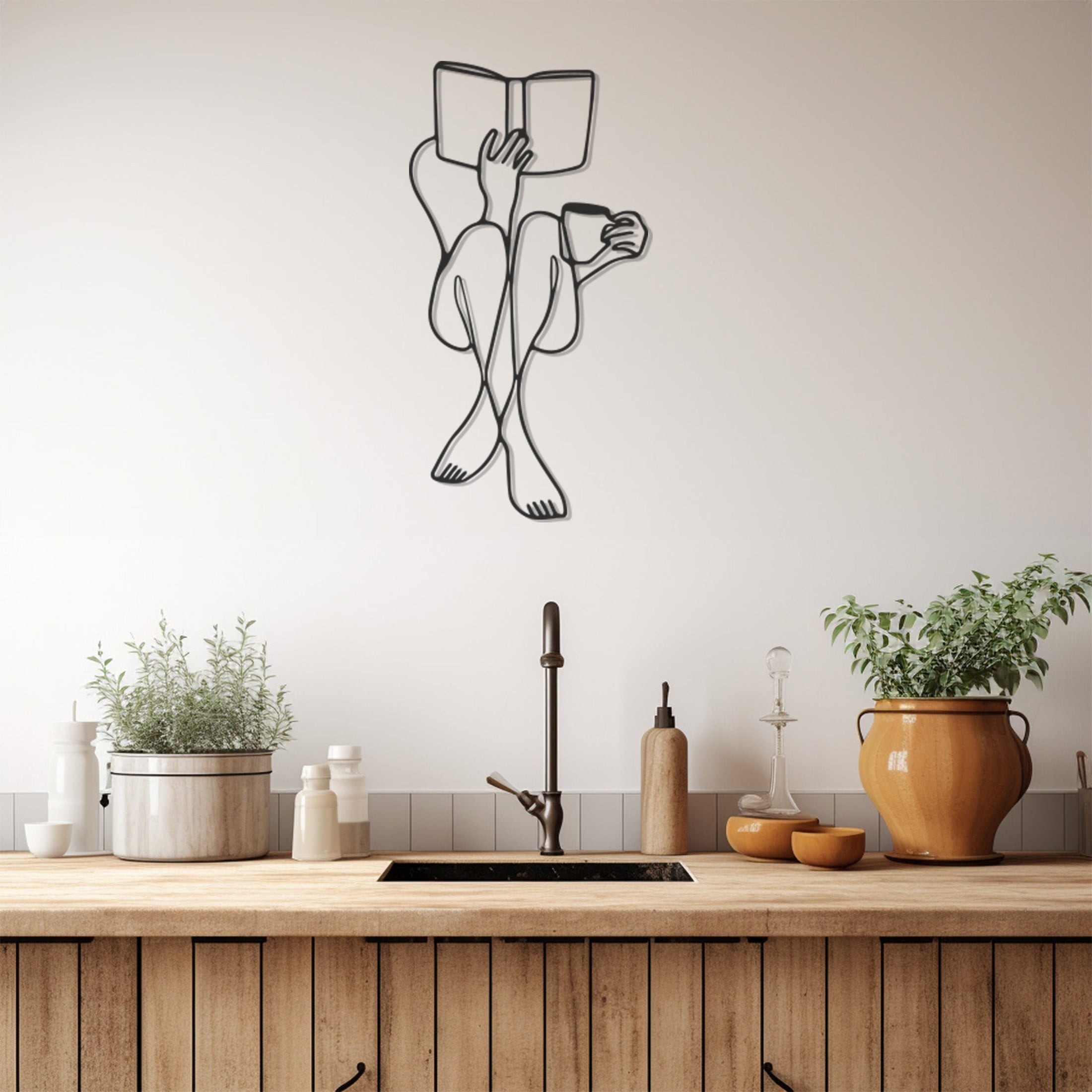 Book Coffee Woman Line Art Metal Wall Art, Wall Decor, Metal Wall art