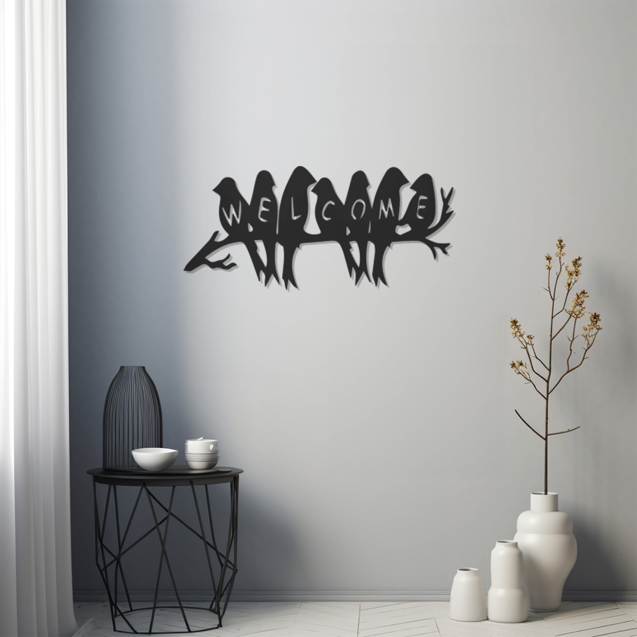 Silhouettes Of Birds Standing In A Row On A Branch With Welcome Written On Them Metall Wall Art