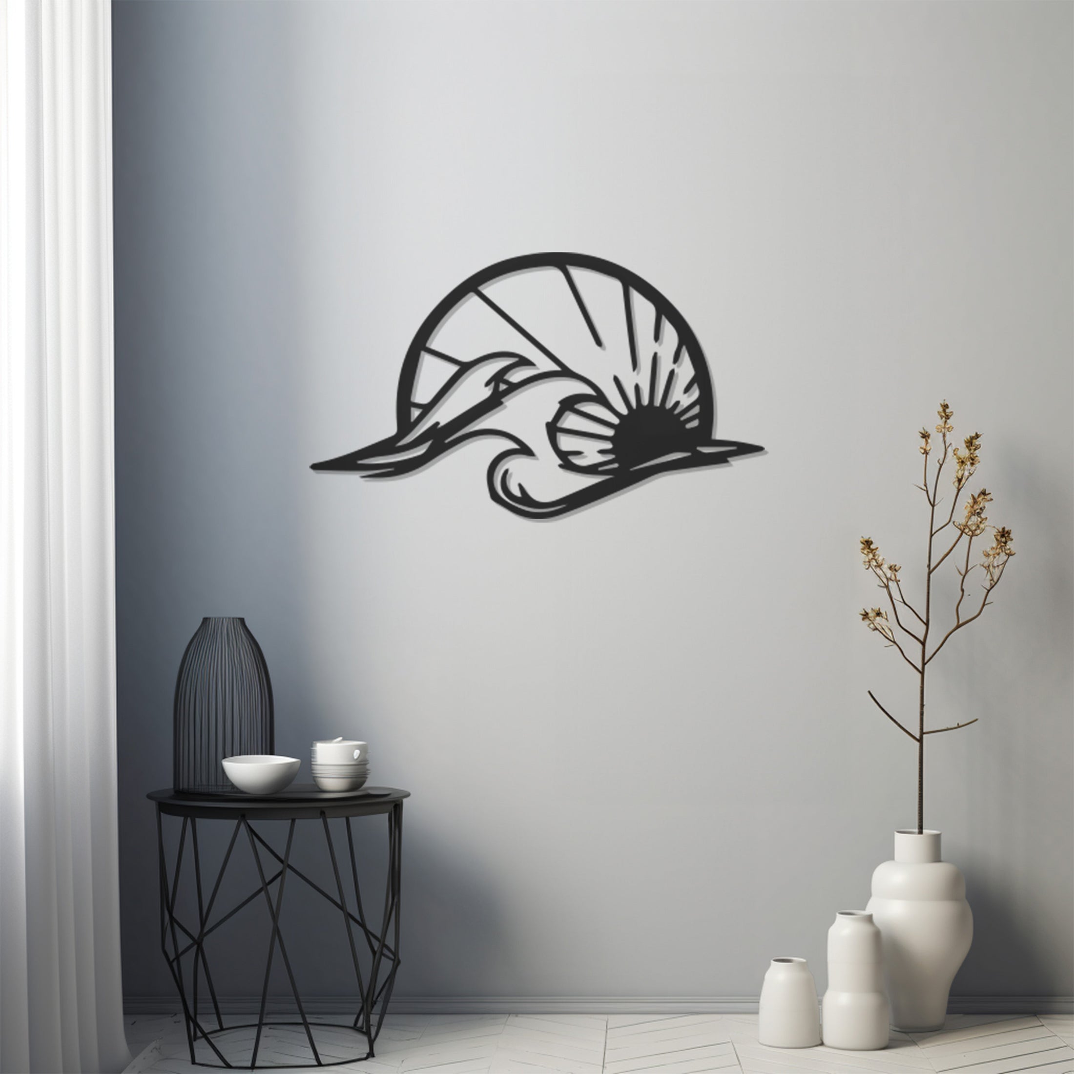 Line Art Metal Wall Art Consisting Of Waves And Sun, Metal Wall art