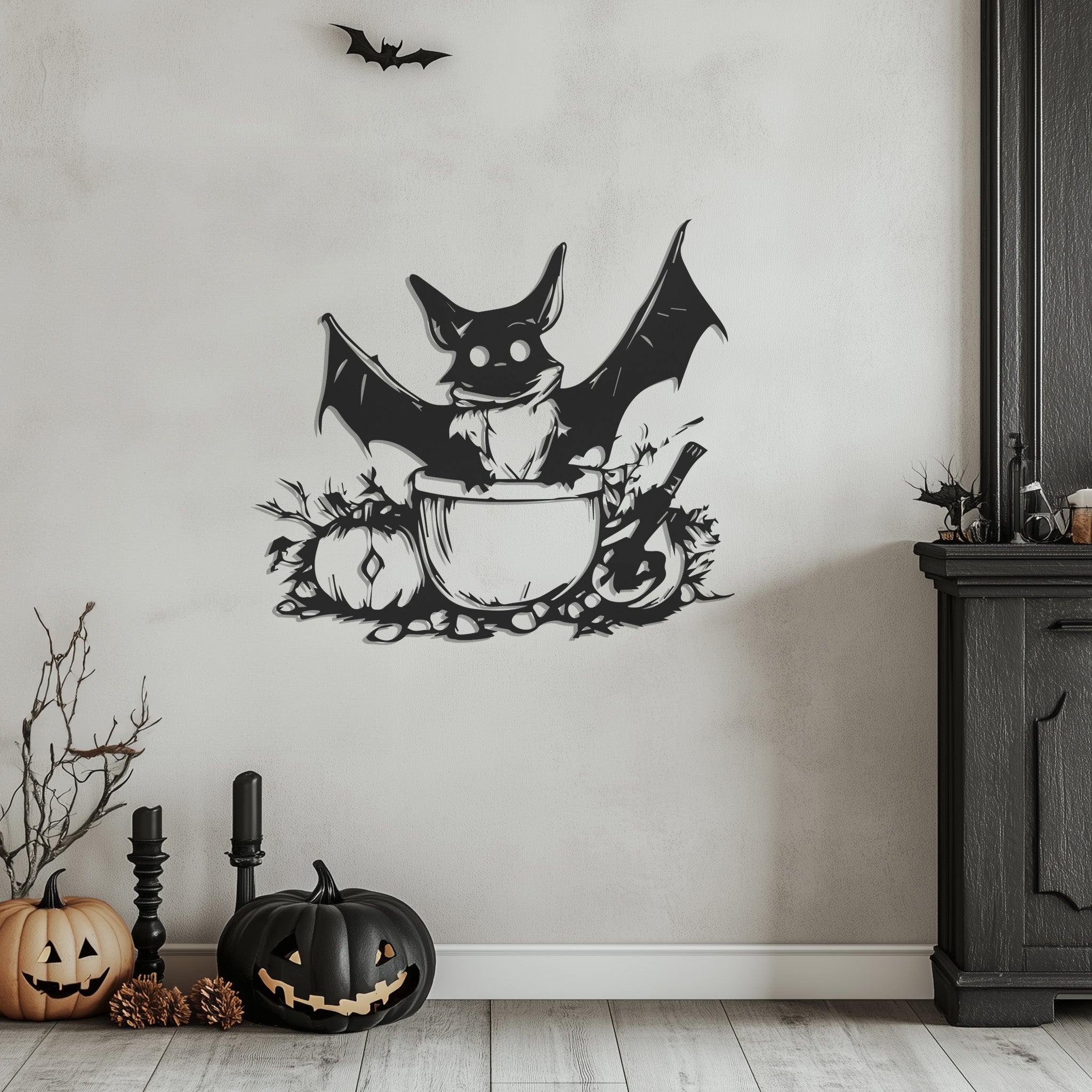 Bat in the Witch's Cauldron Halloween Theme Metal Wall Art