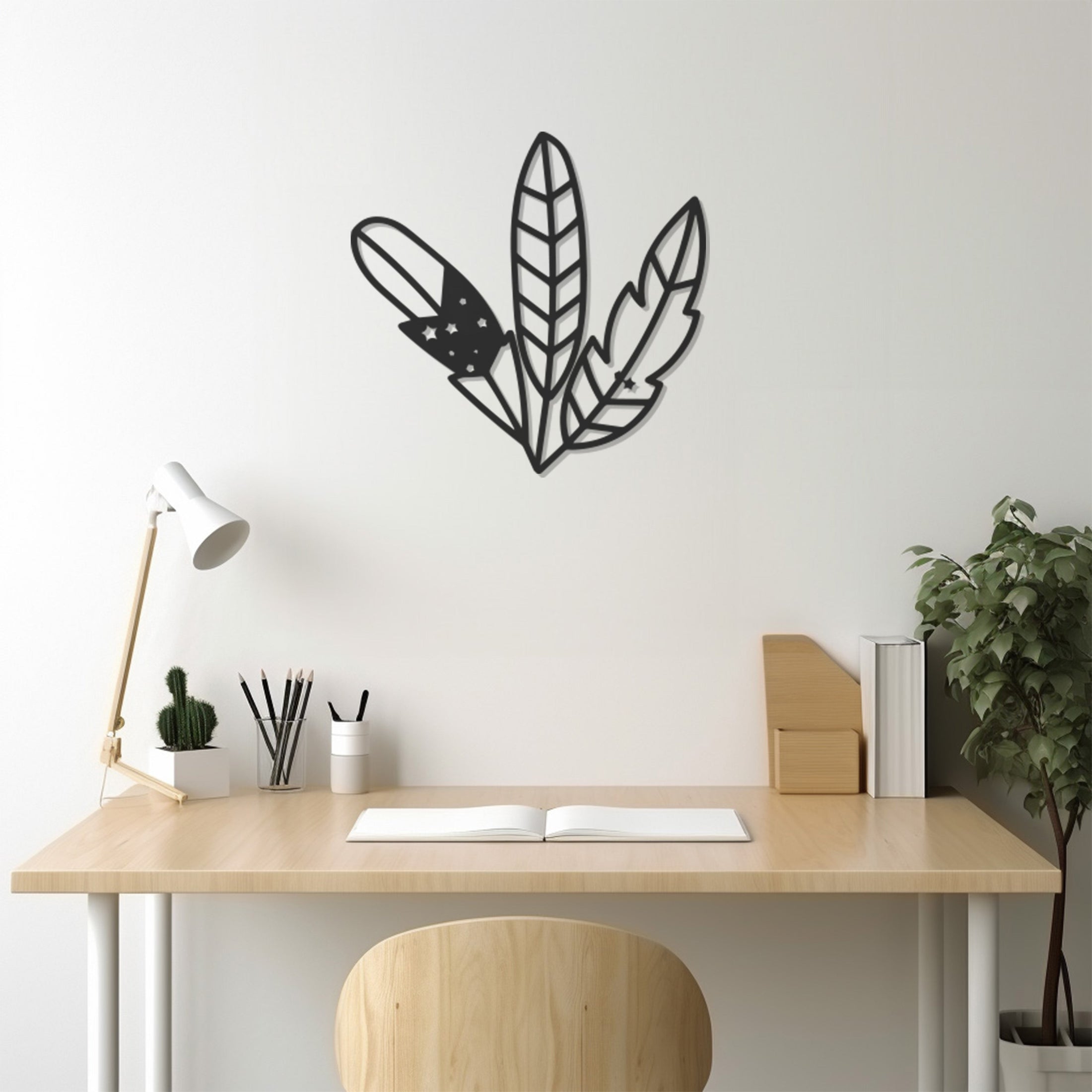 Star Detailed Bird Feathers Metal Wall Art