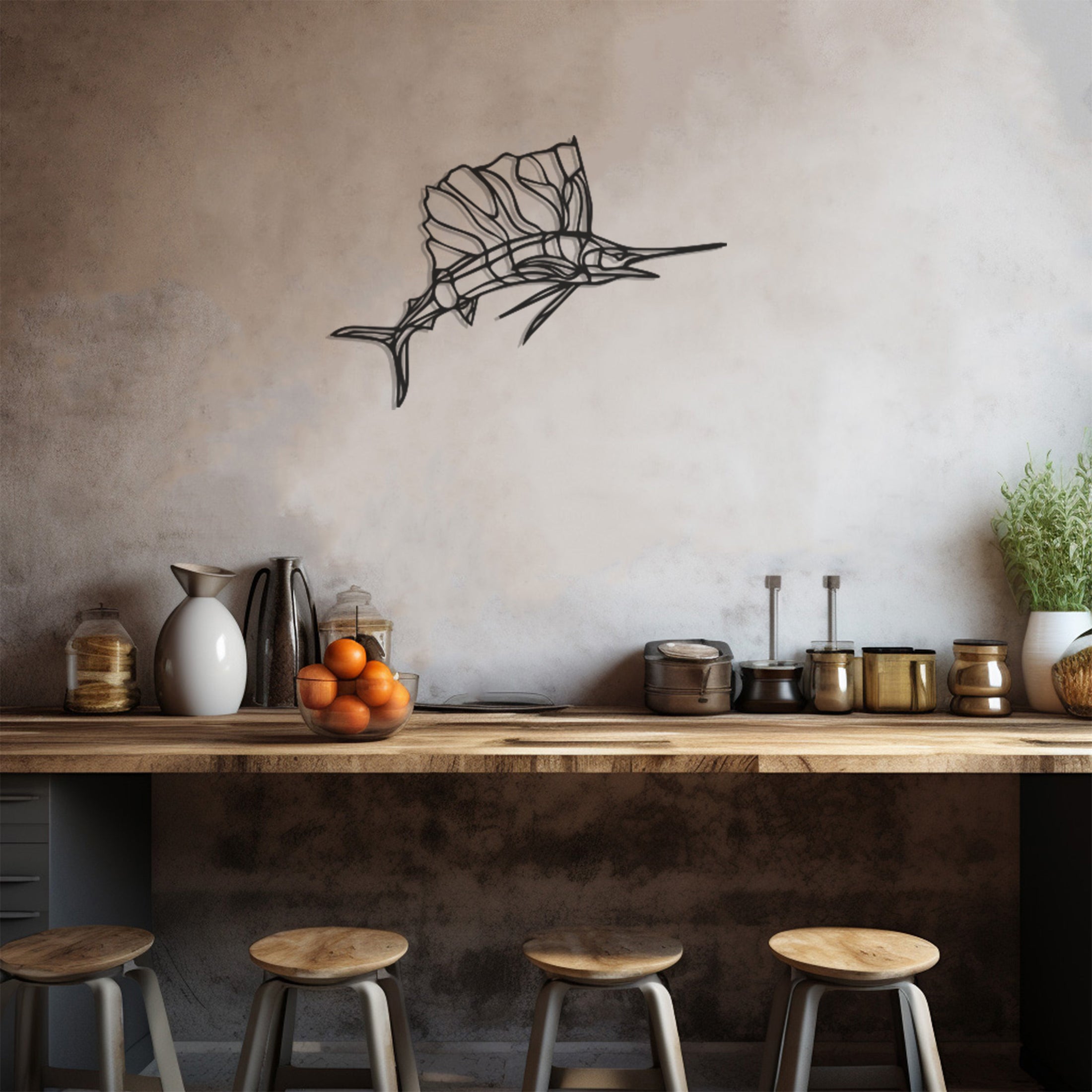 Geometric Patterned Swordfish Figure Metal Wall Decor