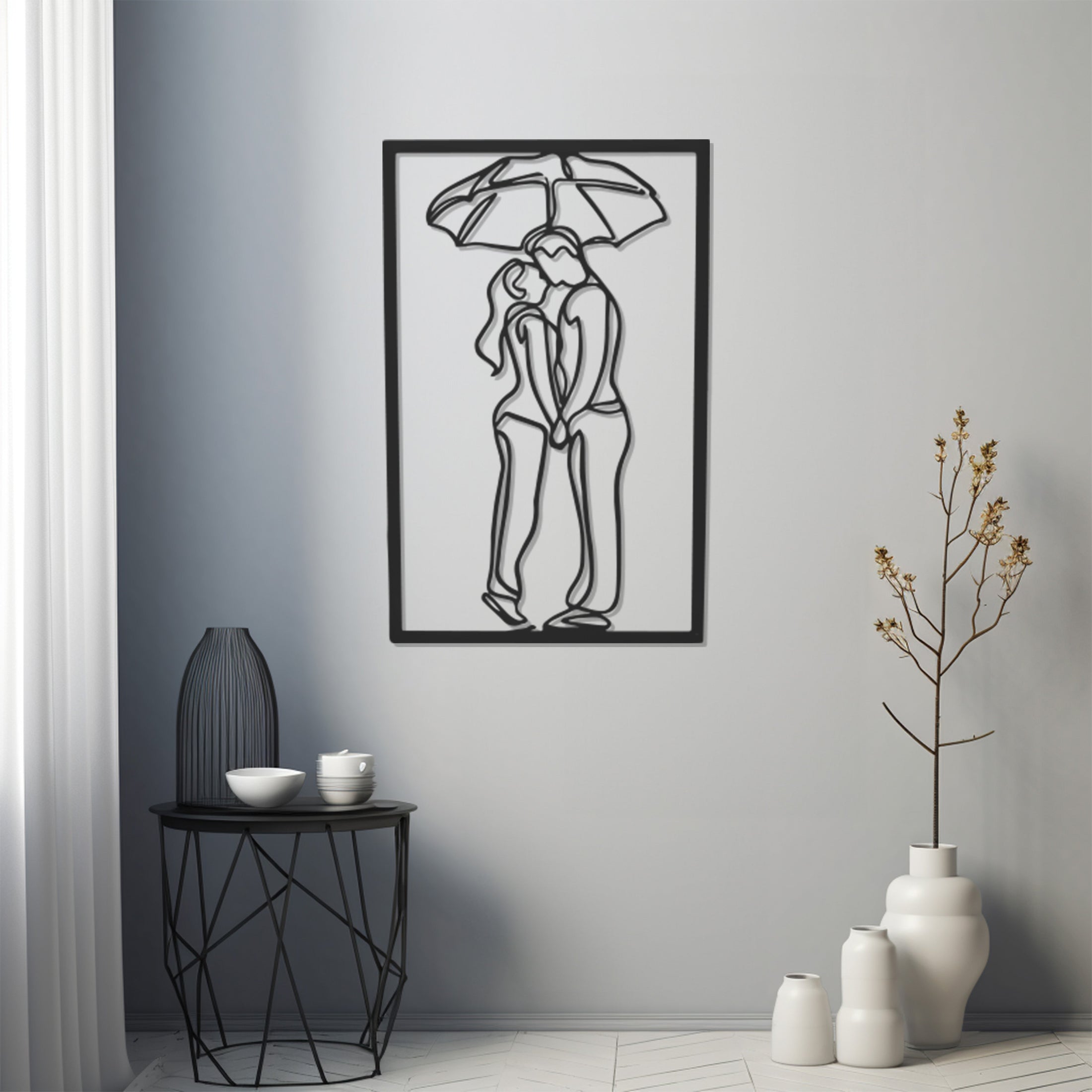 Silhouette Of Lover Holding Umbrella In The Rain Metal Wall Art Decor