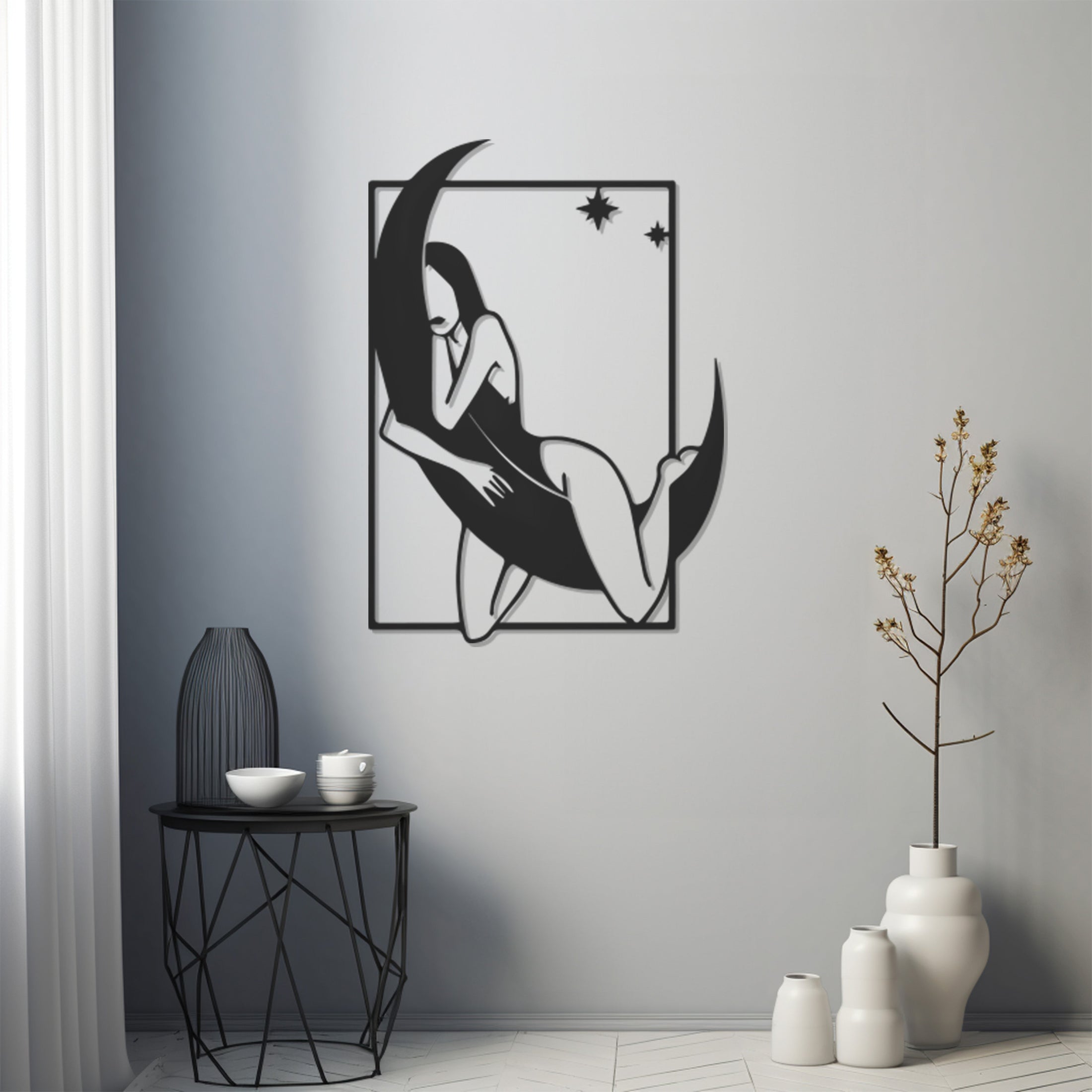 Silhouette Of Woman Sleeping On The Moon Metal Wall Art